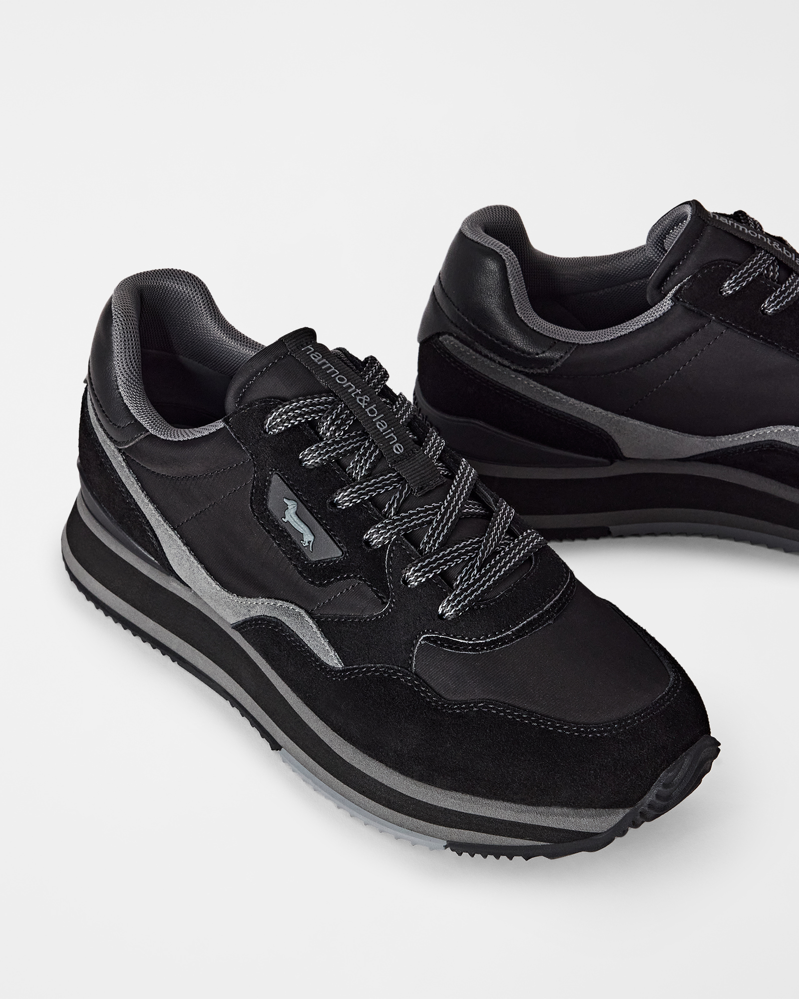 Men's running sneakers in three-tone suede and three-tone technical fabric, BLACK, large