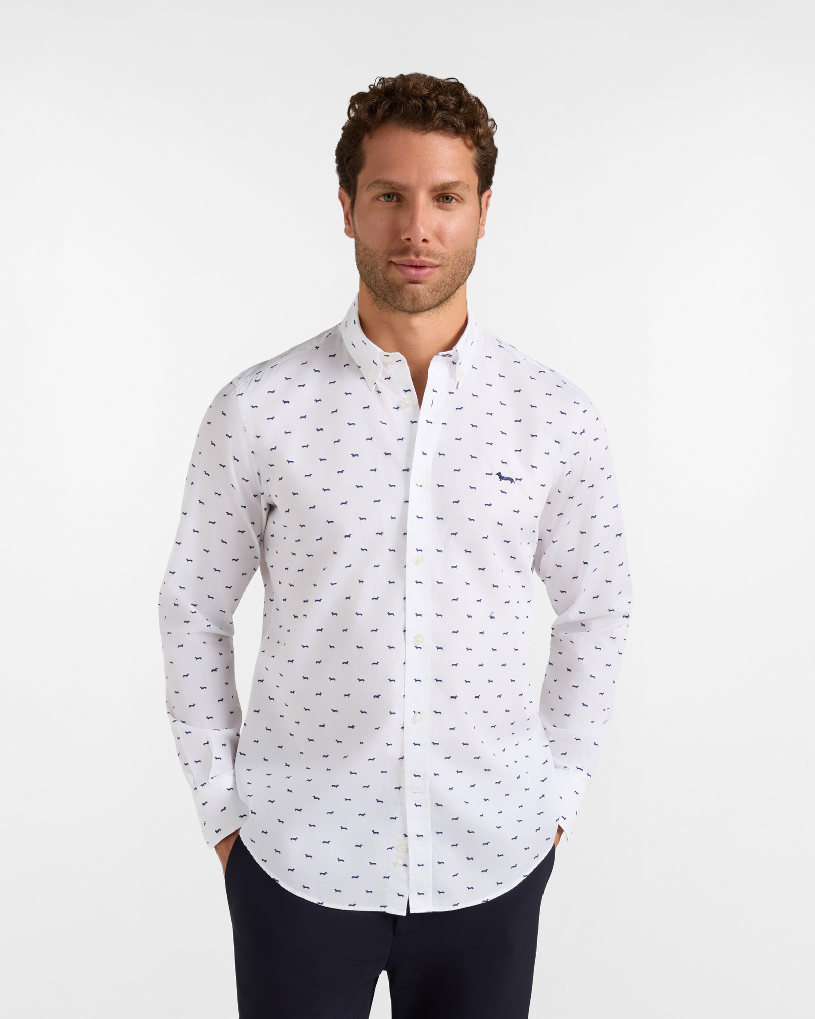 Men's regular-fit dark blue shirt with all-over dachshund print