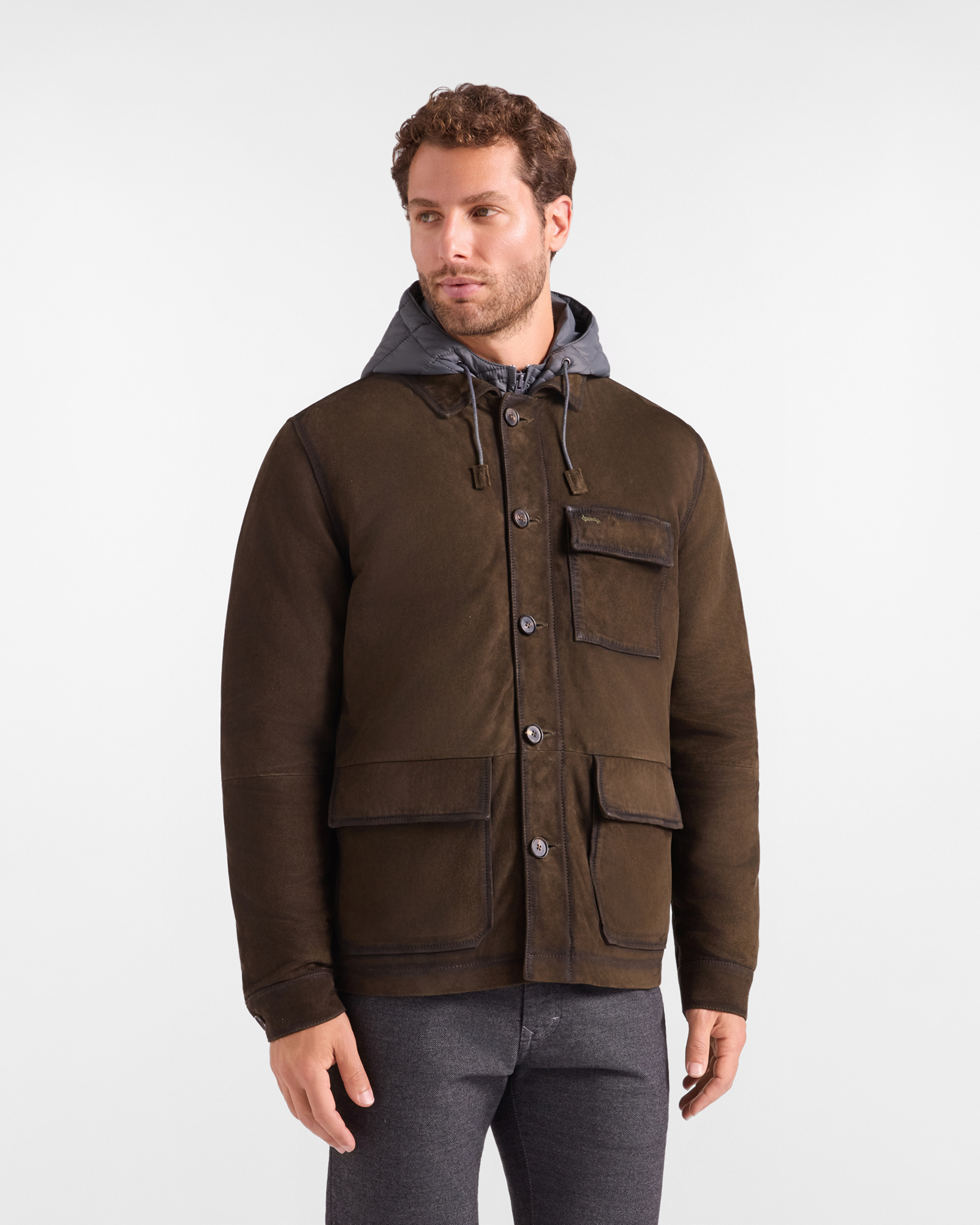 Men&rsquo;s suede coat with a petrol green nylon inner jacket