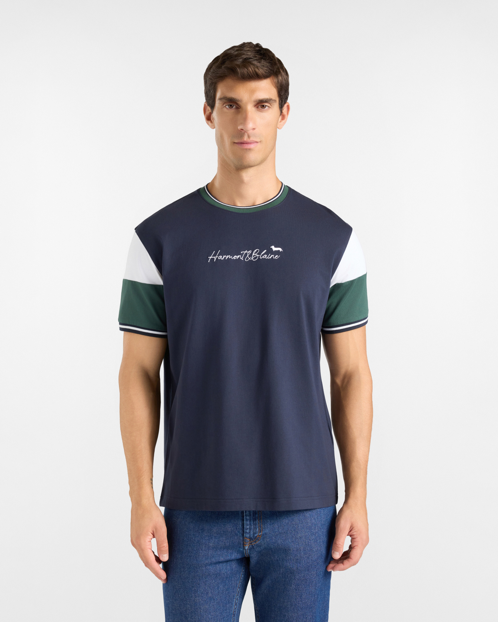 Men's T-shirt with striped ribbed crewneck in blue 100% pure cotton with relaxed fit