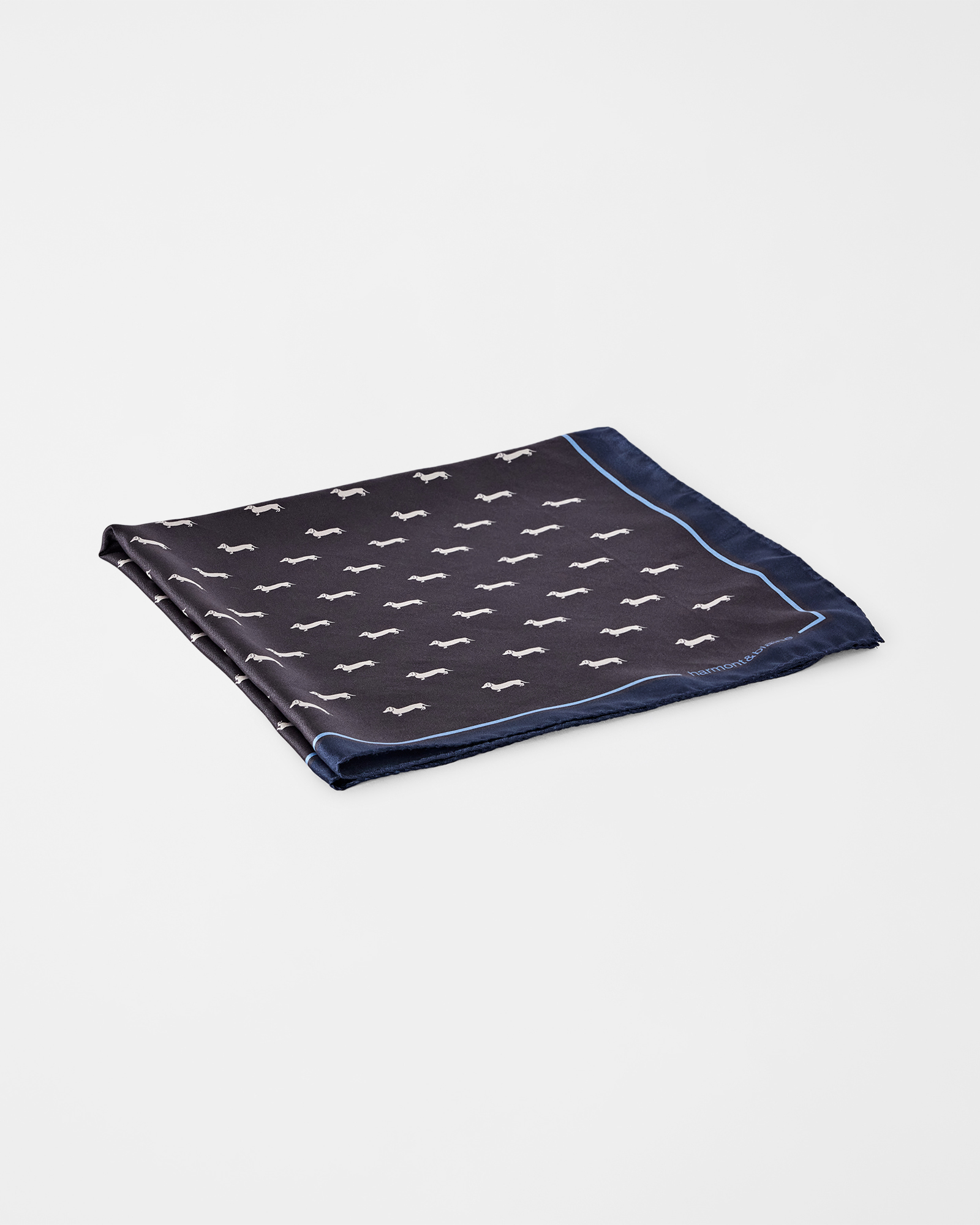 Men&rsquo;s pure silk bandana with all-over Bassotti print, NAVY BLUE, large