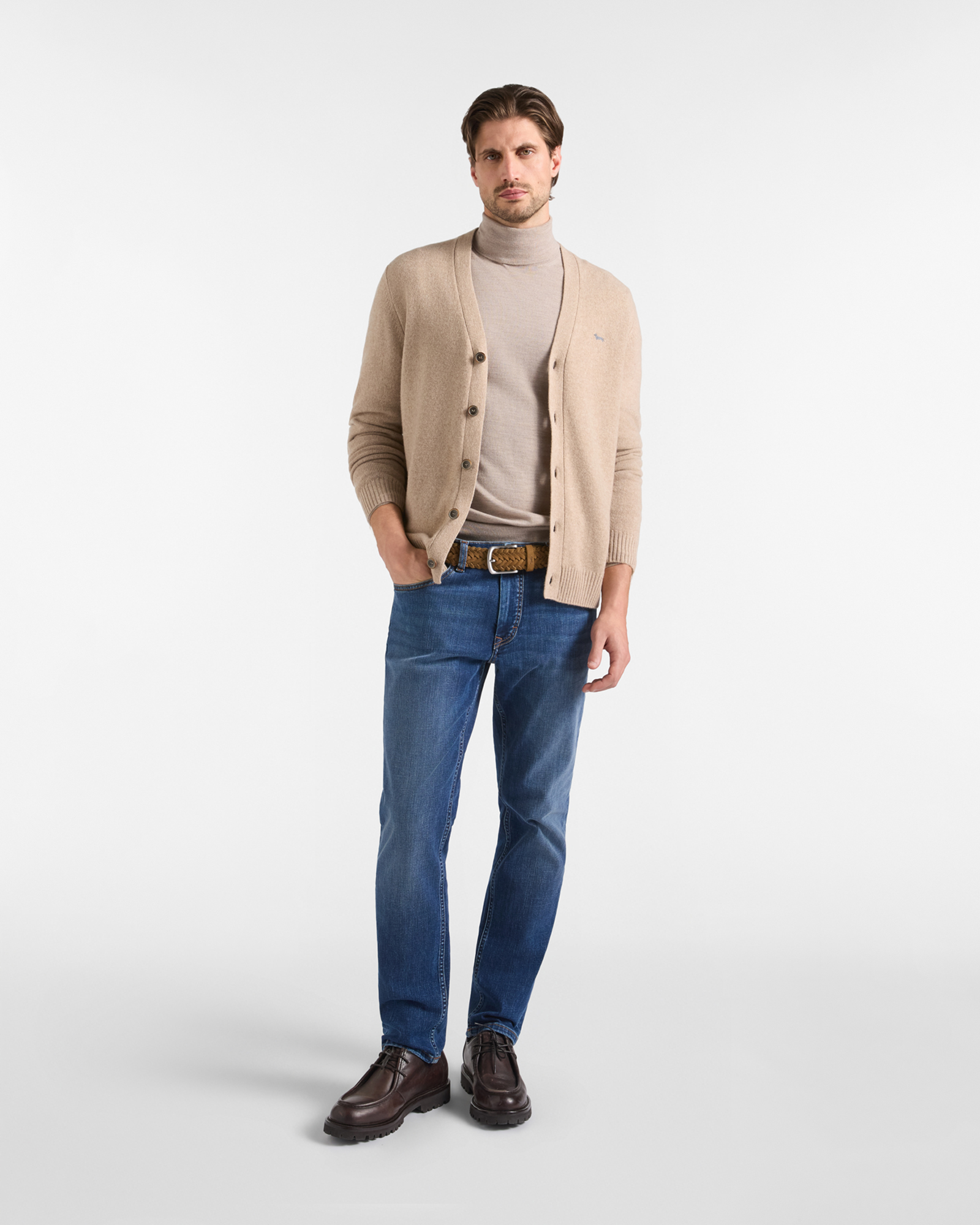 Men's Made in Italy V-neck cardigan in wool and cashmere blend with regular fit, TAUPE, large