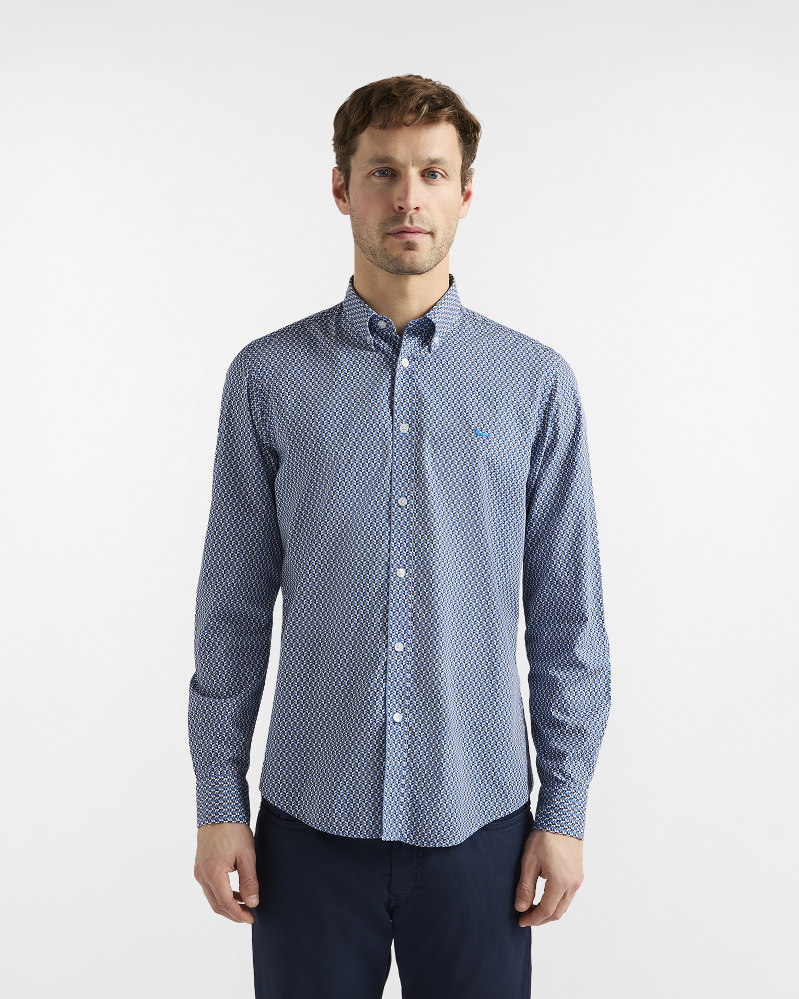 Camisa estampada micro ajustada., Azul, large image number 0