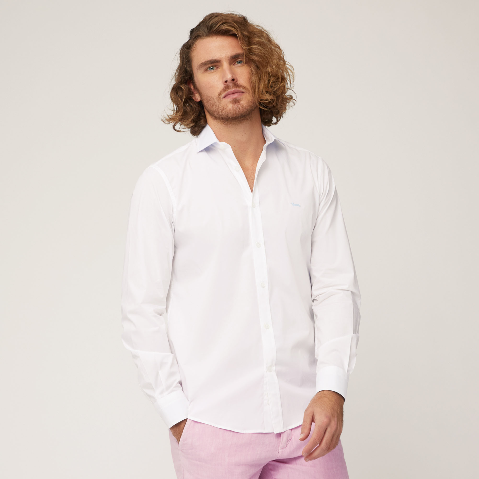 Stretch Cotton Poplin Shirt, White, large