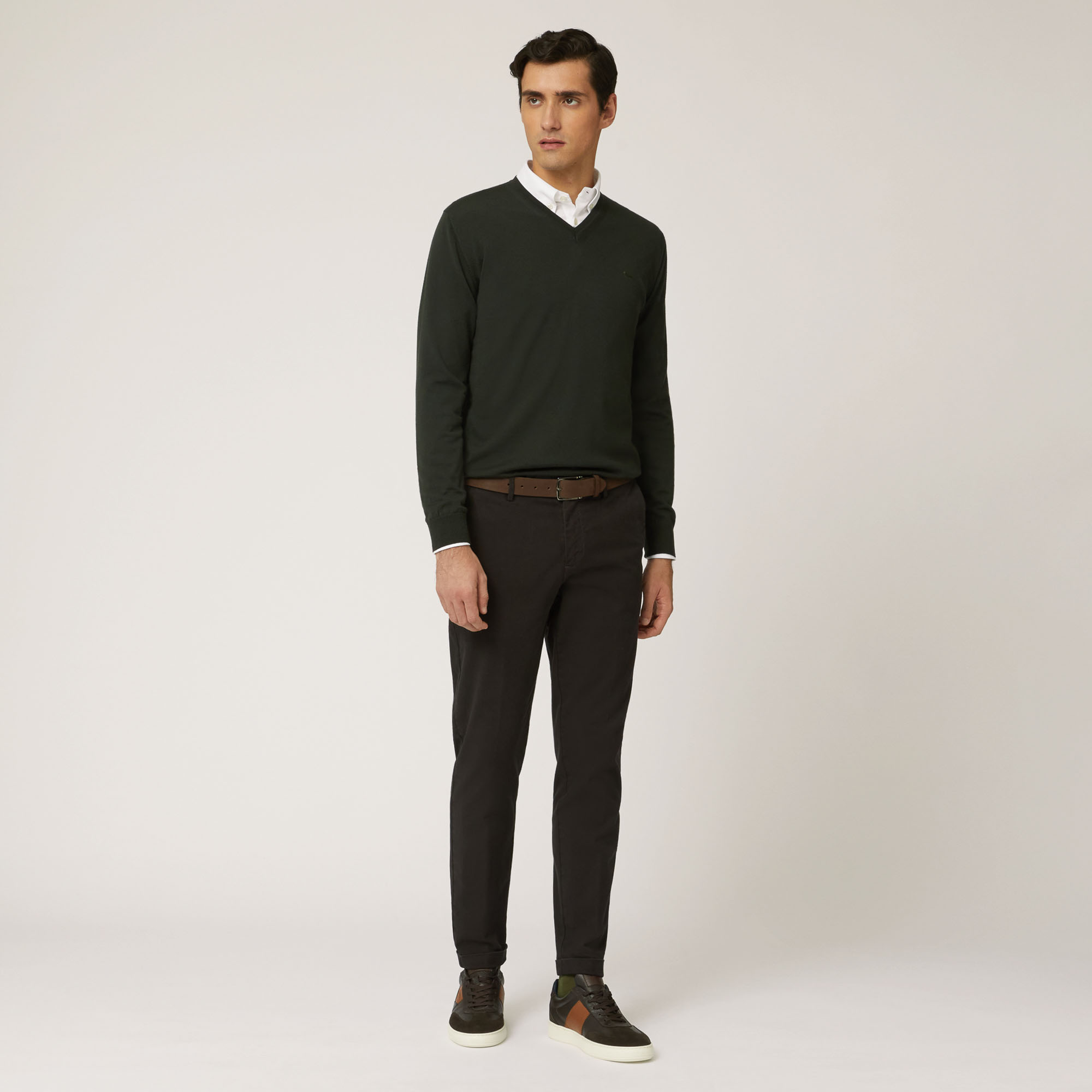 Pullover In Lana Merino Con Scollo A V, Verde, large image number 3