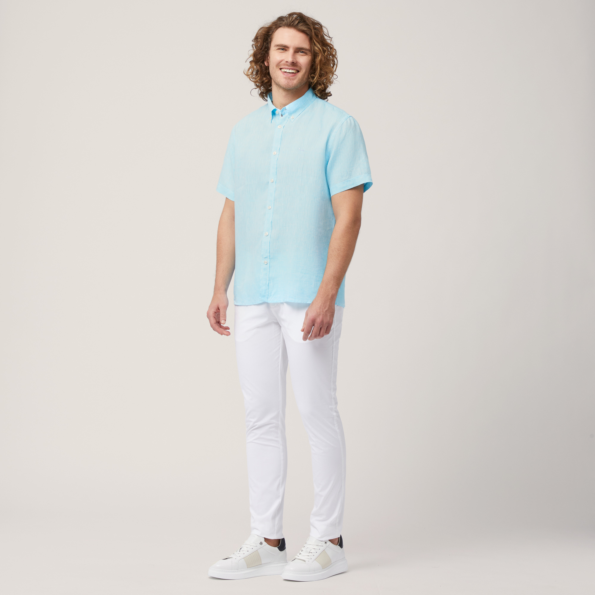 Linen Short-Sleeved Shirt, Turquoise Melange, large image number 3