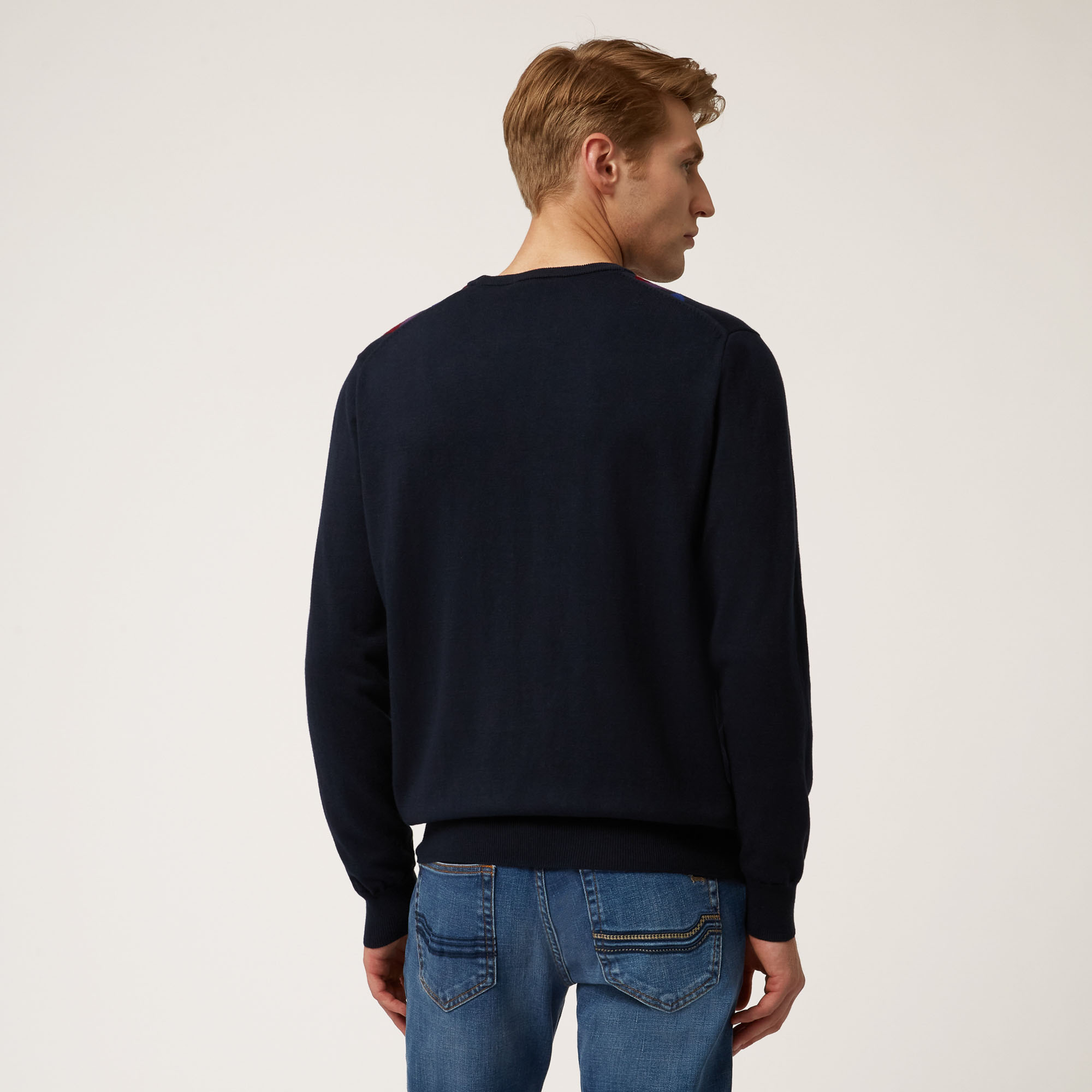 Pullover Girocollo In Lana E Cotone A Rombi, Blu Navy, large image number 1