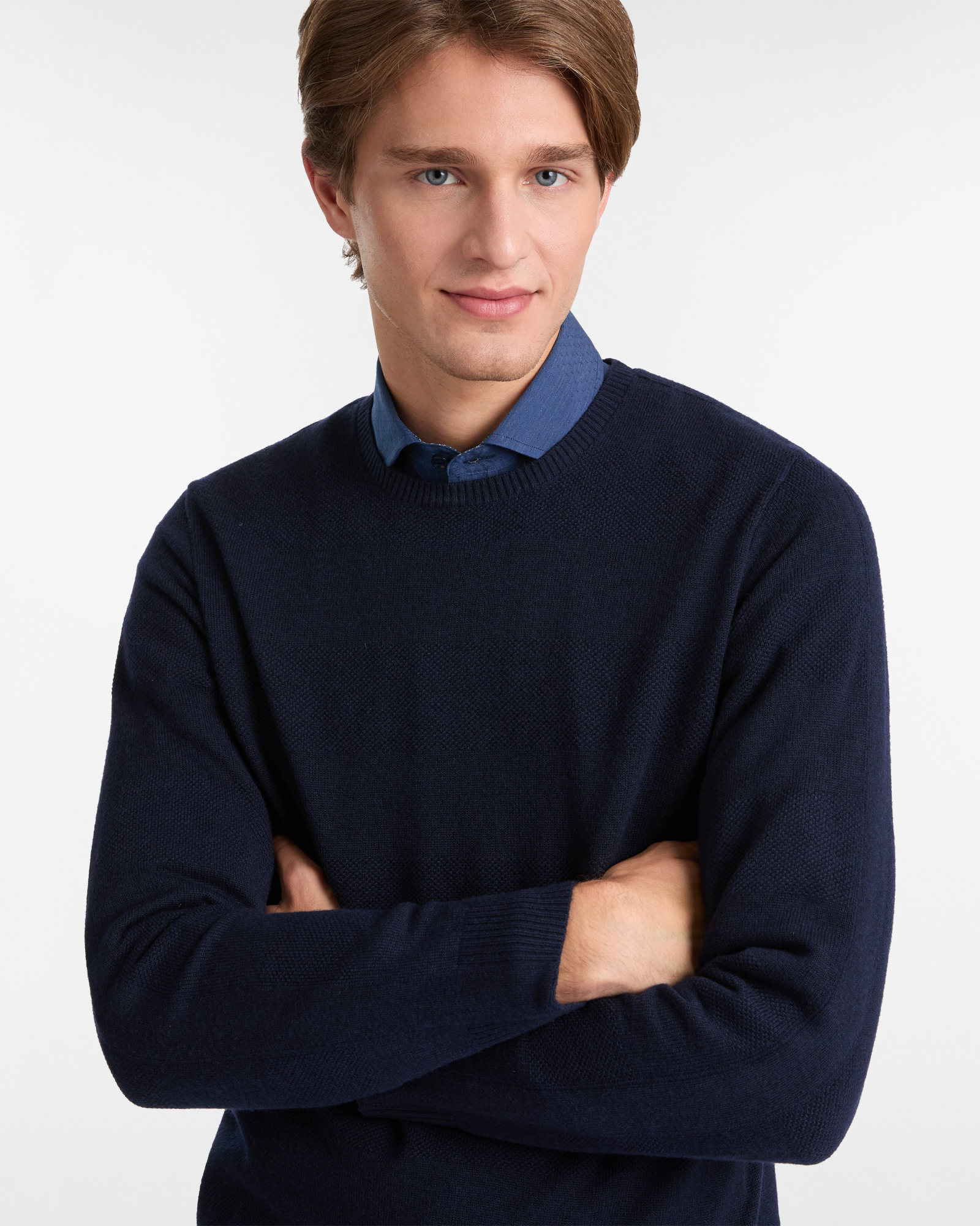 Crew Neck Sweater with Embossed Design, Dark Blue, large image number 2