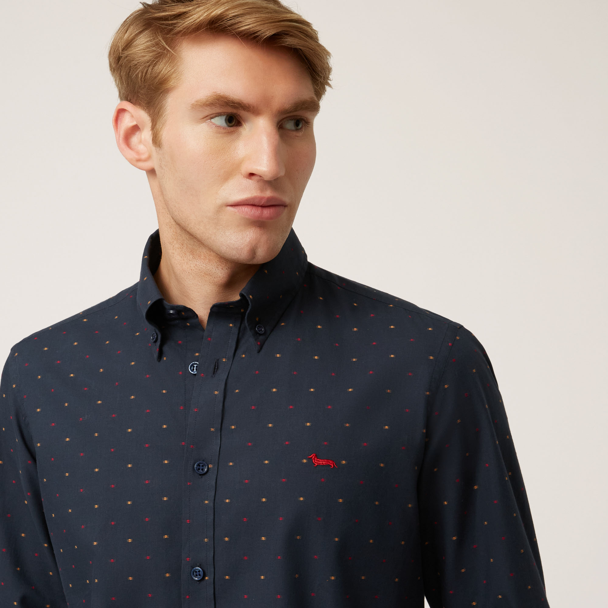 Camicia In Cotone Con Microfantasia All-Over, Blu Navy, large image number 2