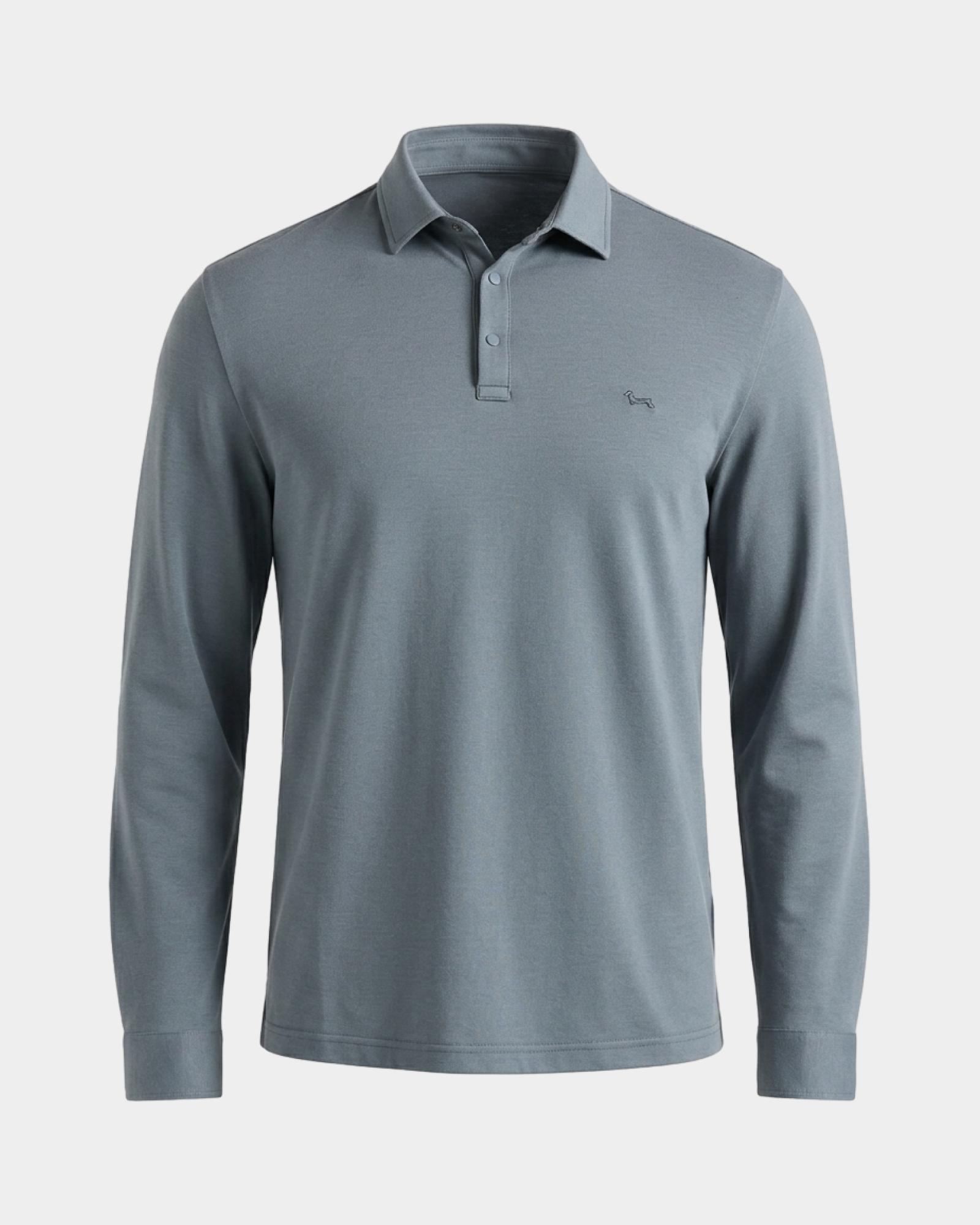 Polo para hombre de manga larga en piqu&eacute; de algod&oacute;n el&aacute;stico, GRIS, large