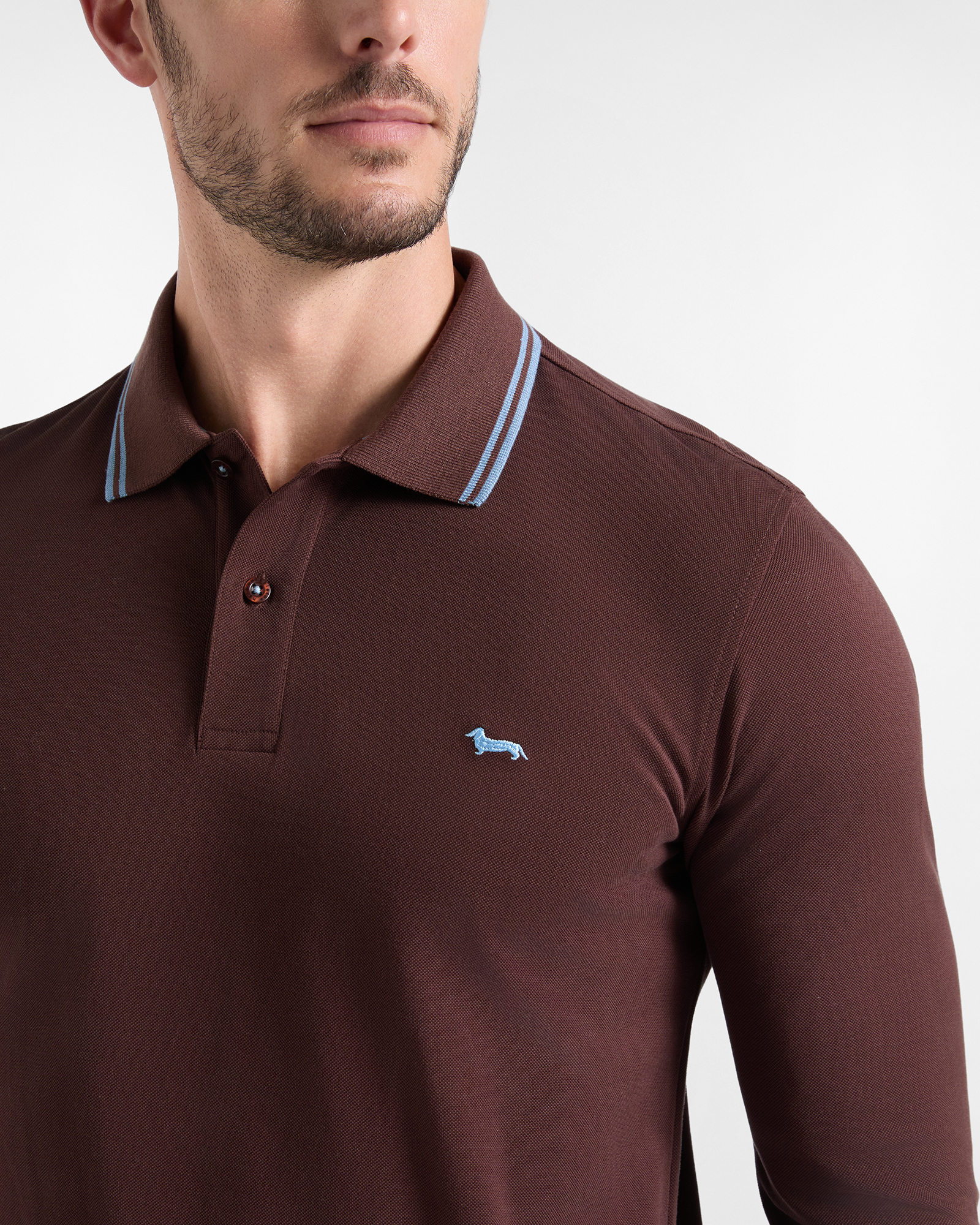 Men's long-sleeve 100% pure cotton piqu&eacute; polo shirt, DARK BROWN, large image number 2