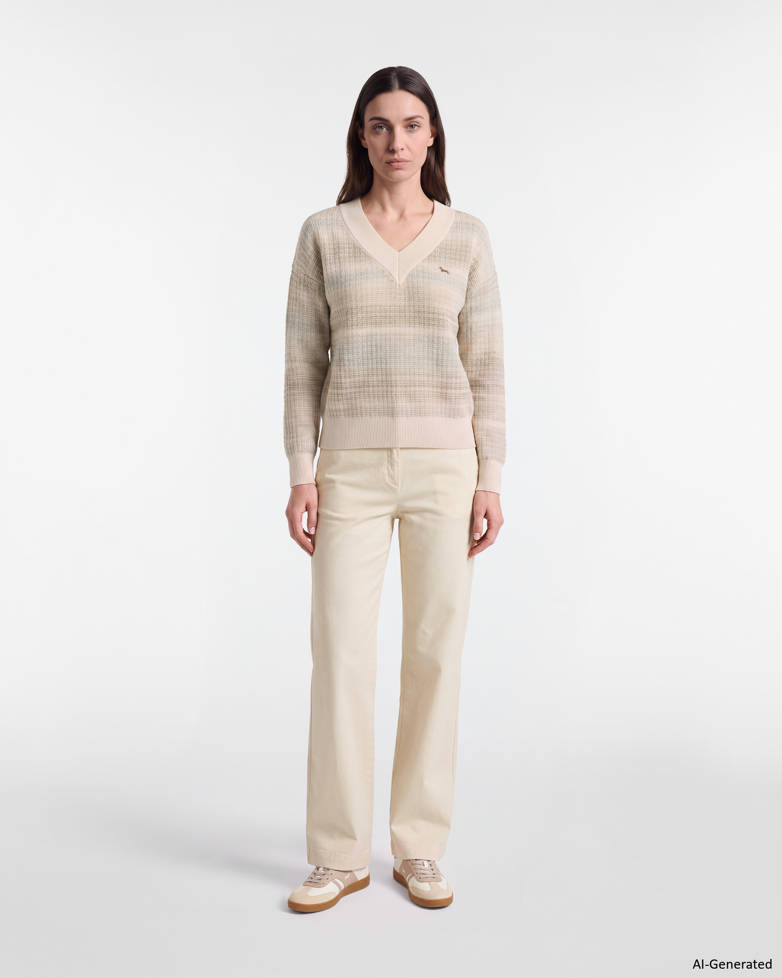 Women's Made in Italy deep V-neck pullover 100% pure wool, TAUPE, large