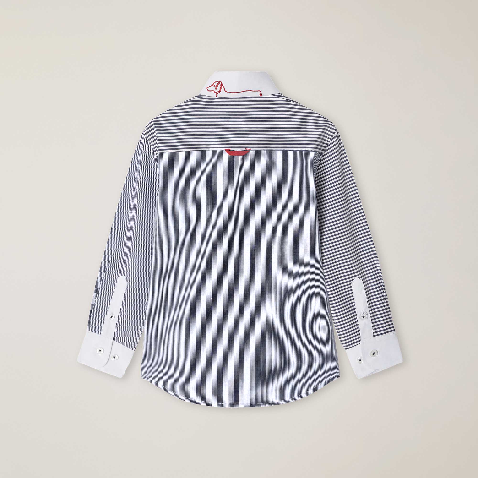 Mixed striped poplin shirt with Dachshund embroidery