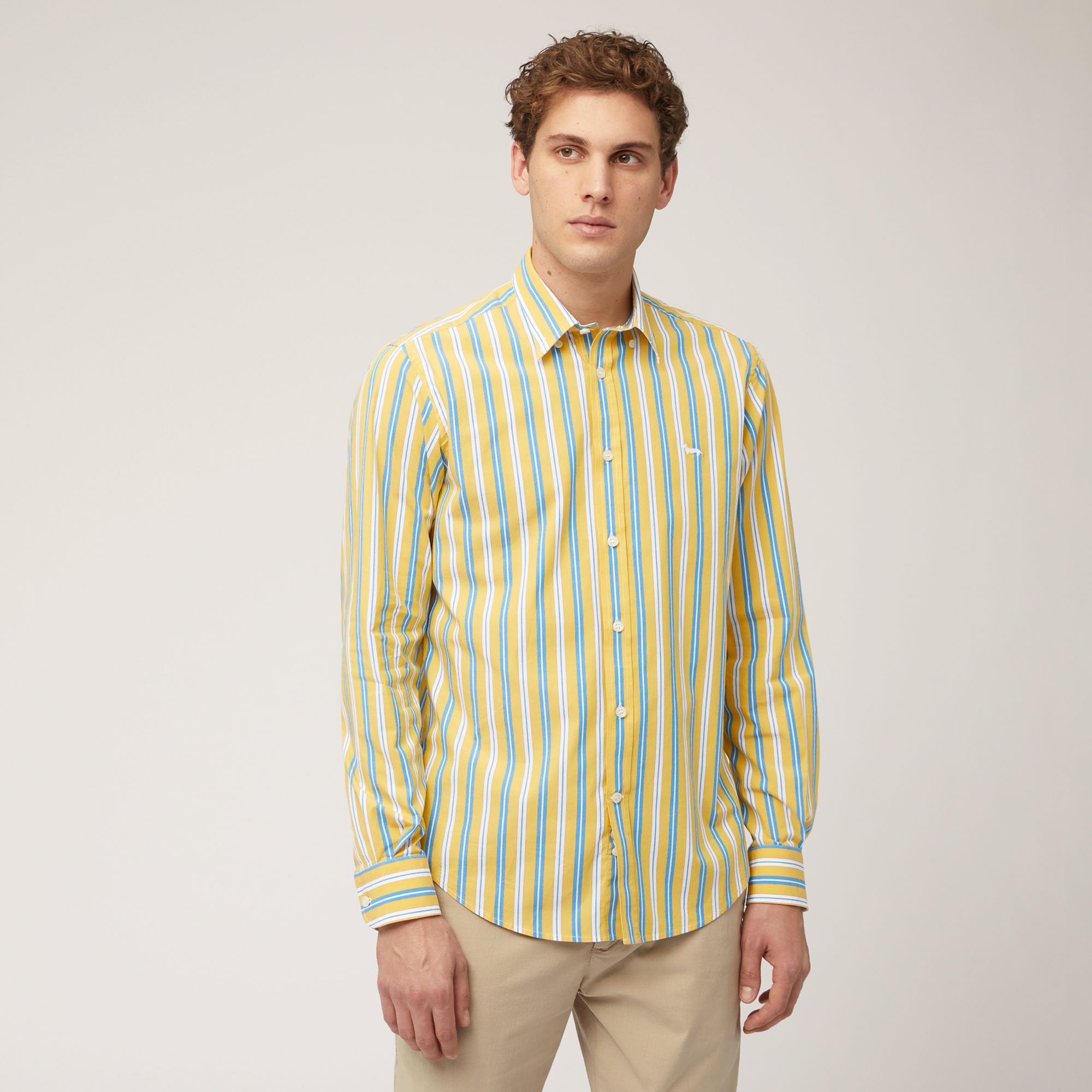 Stretch Cotton Shirt with Alternating Stripes, Gold, large image number 0