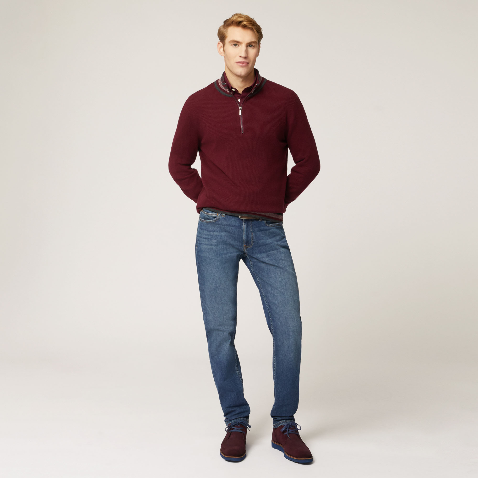 HALF ZIP PUNTO MAGLIA INGLESE, Rosso Scuro, large image number 3