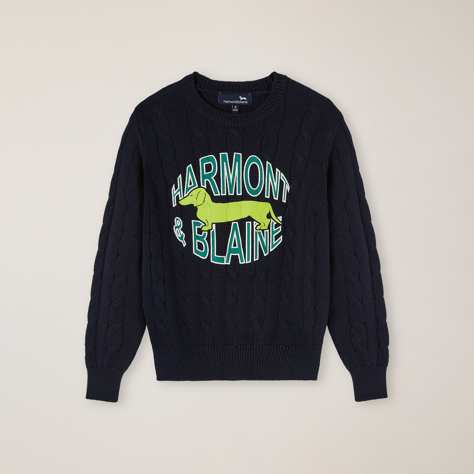 Cable crew neck with logo print, Navy blue, large