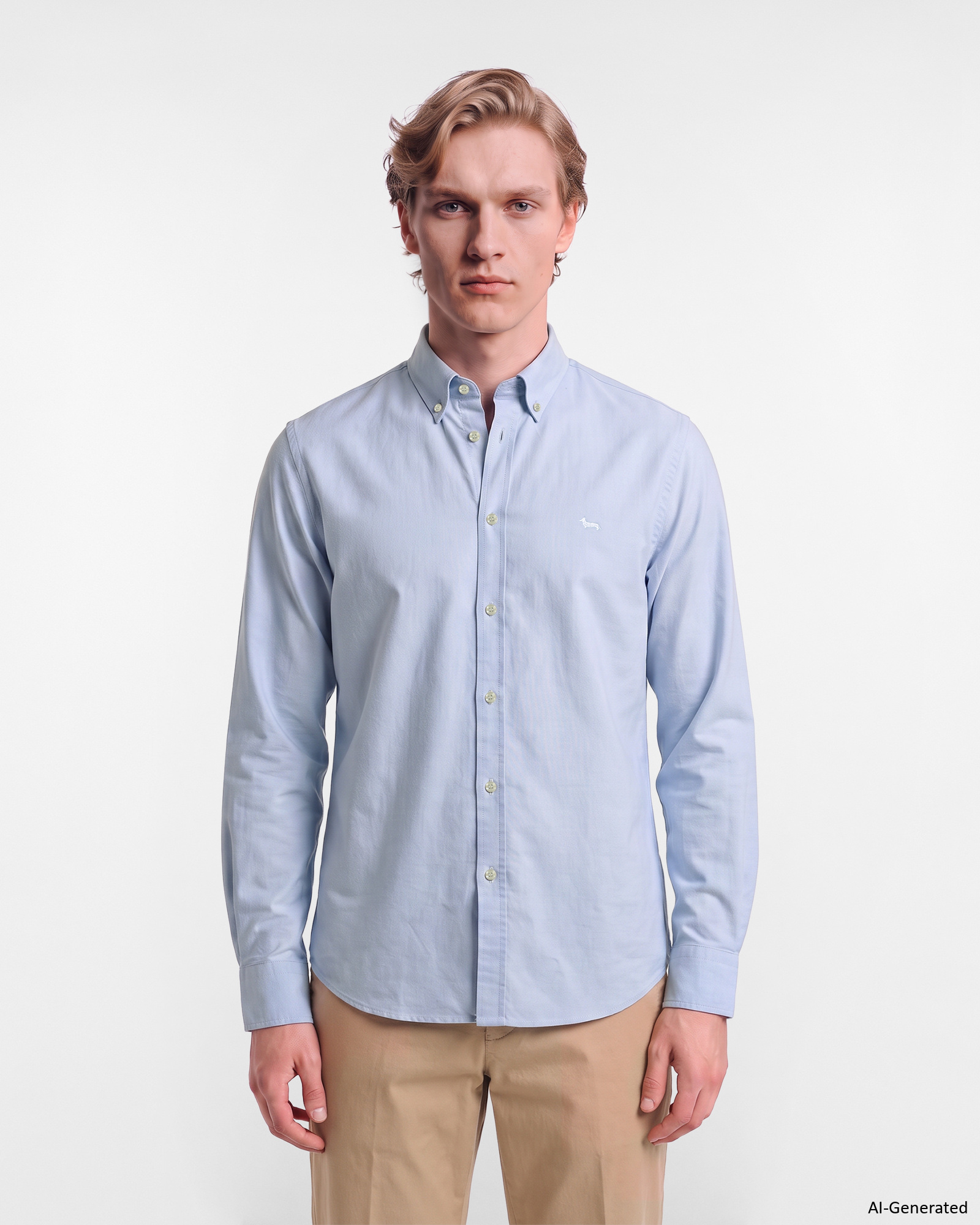 Camisa de hombre tejido Oxford te&ntilde;ido en hilo de corte regular, color azul celeste