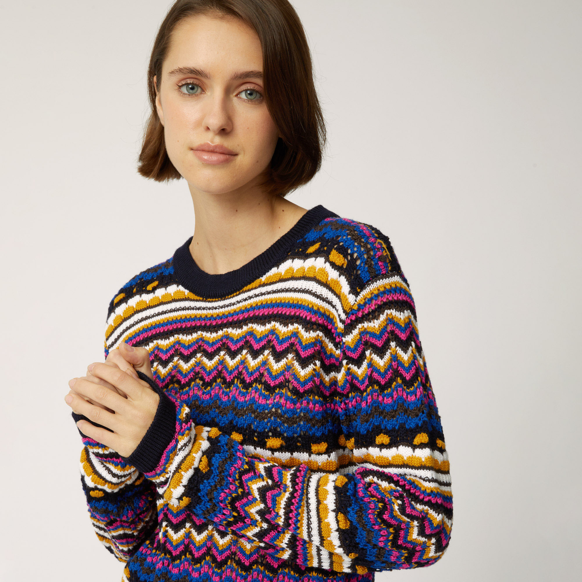Pullover Girocollo In Lana Con Fantasia Multicolor, Blu Navy, large image number 2
