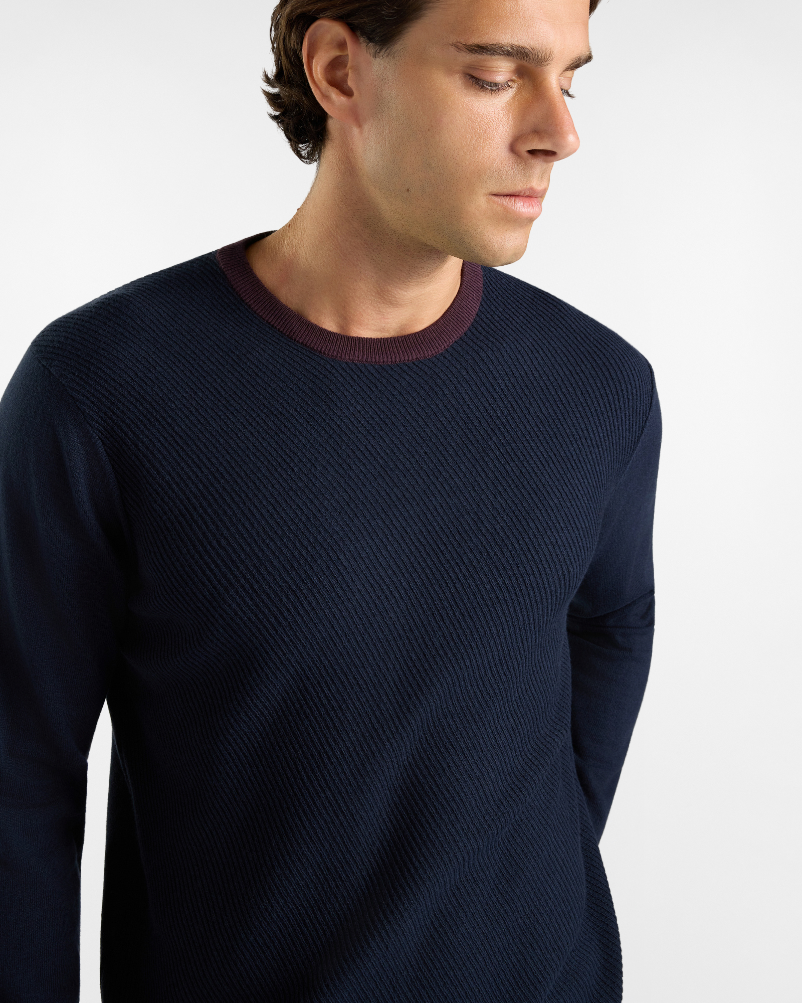 Maglia girocollo HBJ Uomo collo a contrasto in misto lana e cashmere, BLU SCURO, large