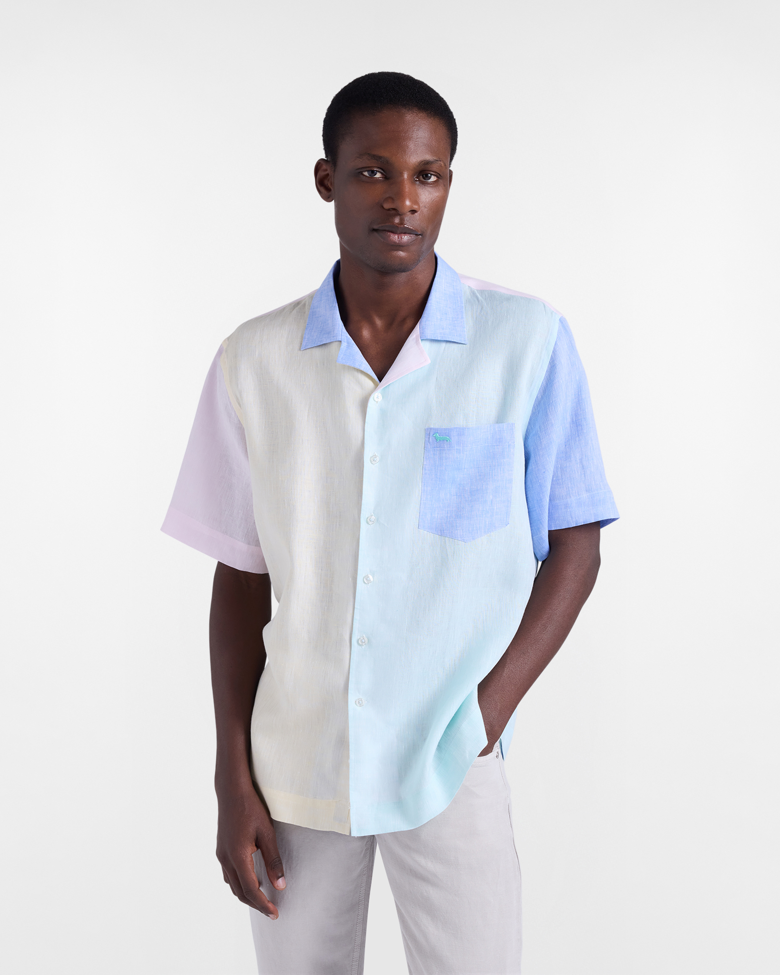 Camicia Color Block in lino, Uomo, Verde, Taglia: S