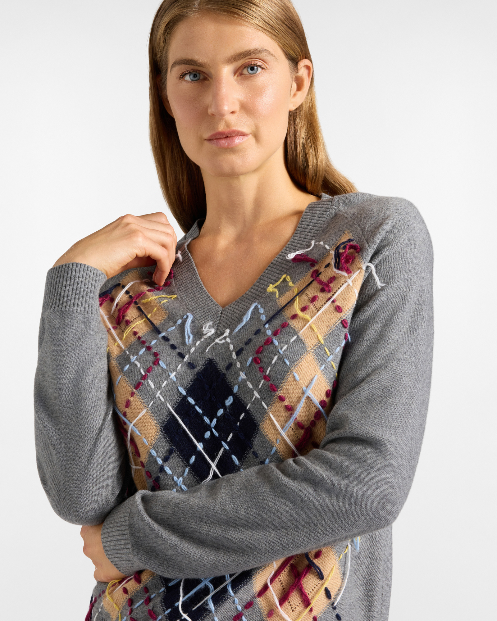 Women's V-neck sweater in gray wool blend, GRAY, large image number 2