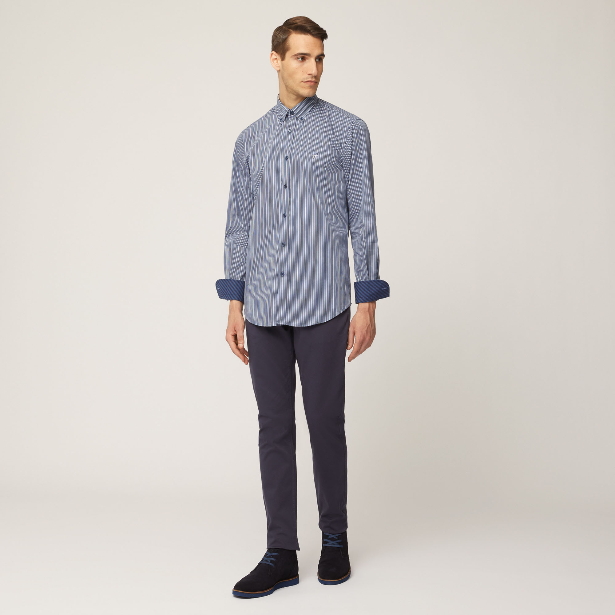 Camicia In Cotone A Righe Verticali Tono Su Tono, Blu, large image number 3