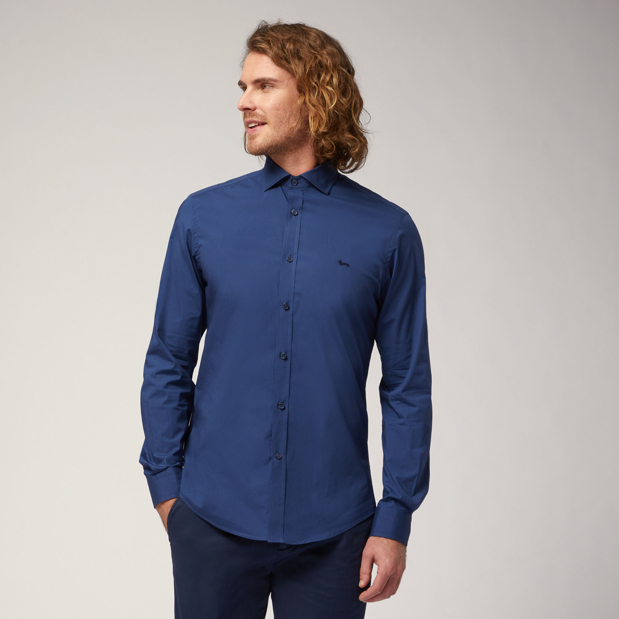 Stretch Cotton Poplin Shirt, Blue, large