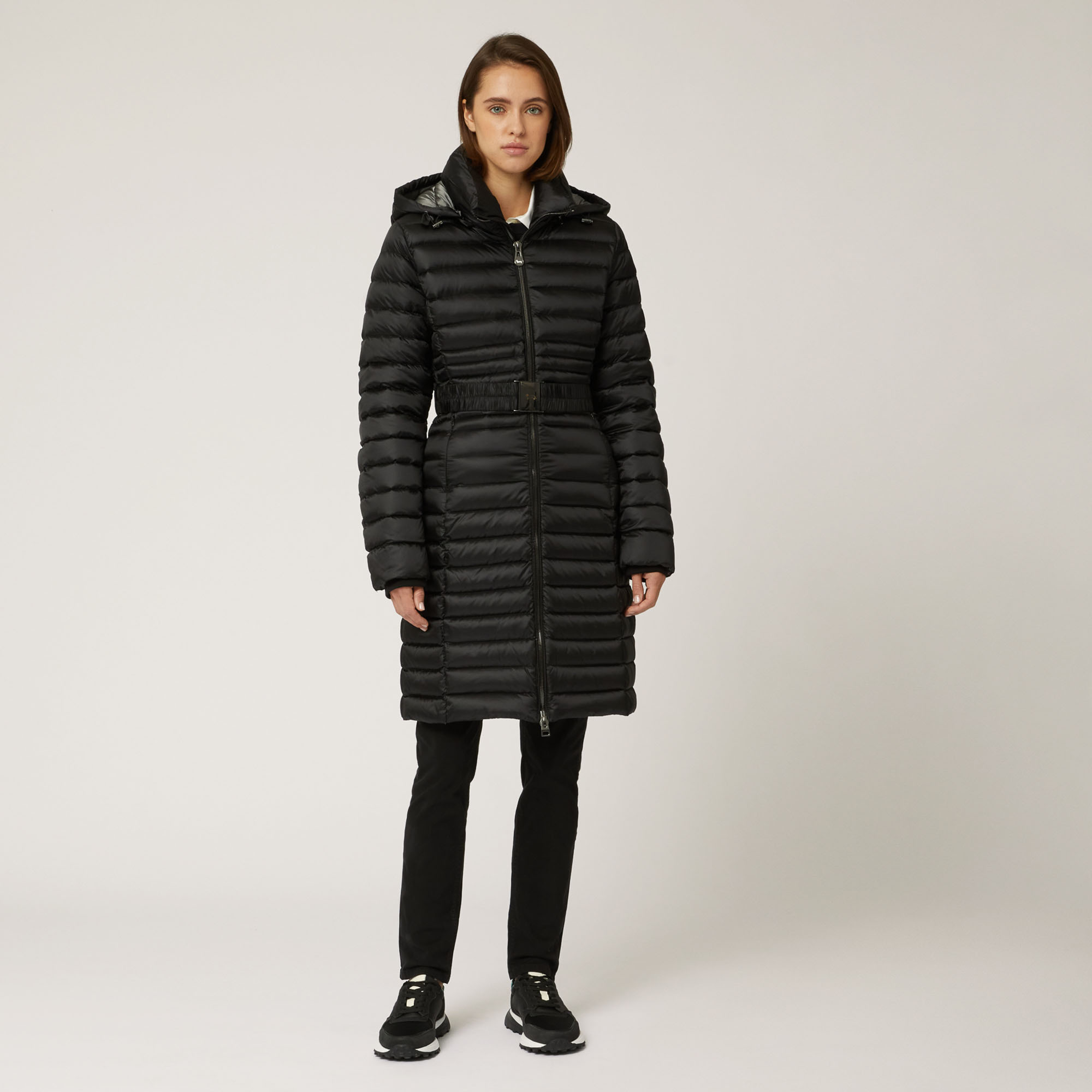 Long Padded Jacket With Hood, Black, large image number 0