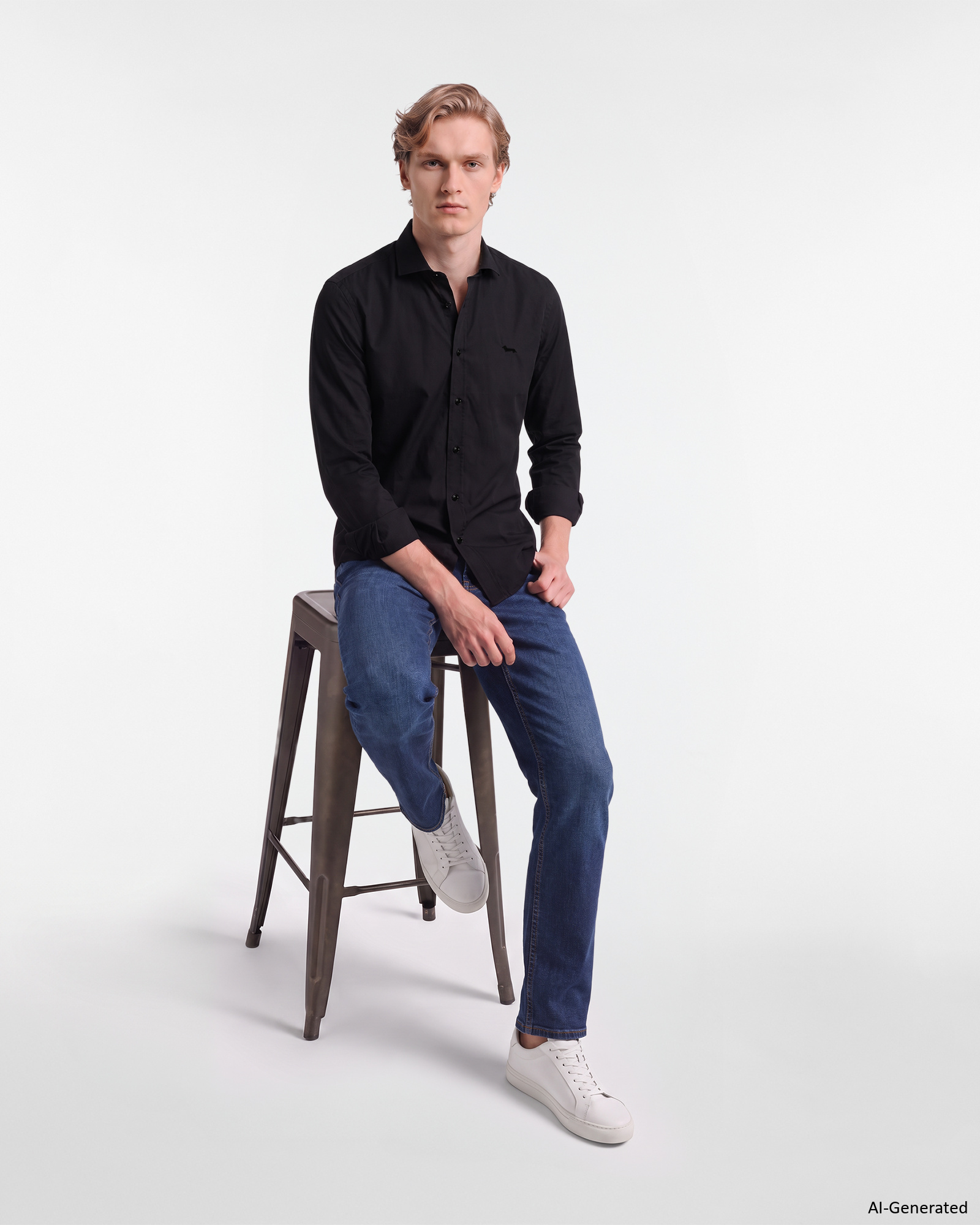 Men's narrow-fit piece-dyed poplin shirt, BLACK, large