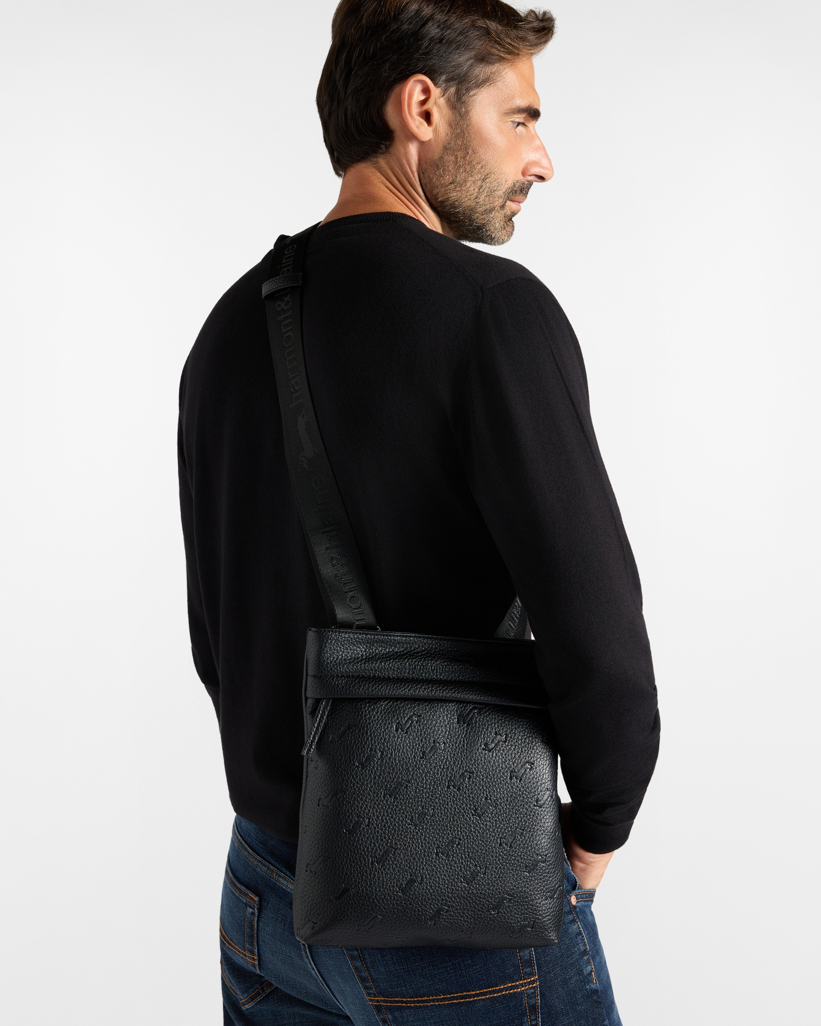 Men's black flat cross-body bag with all-over dachshund print