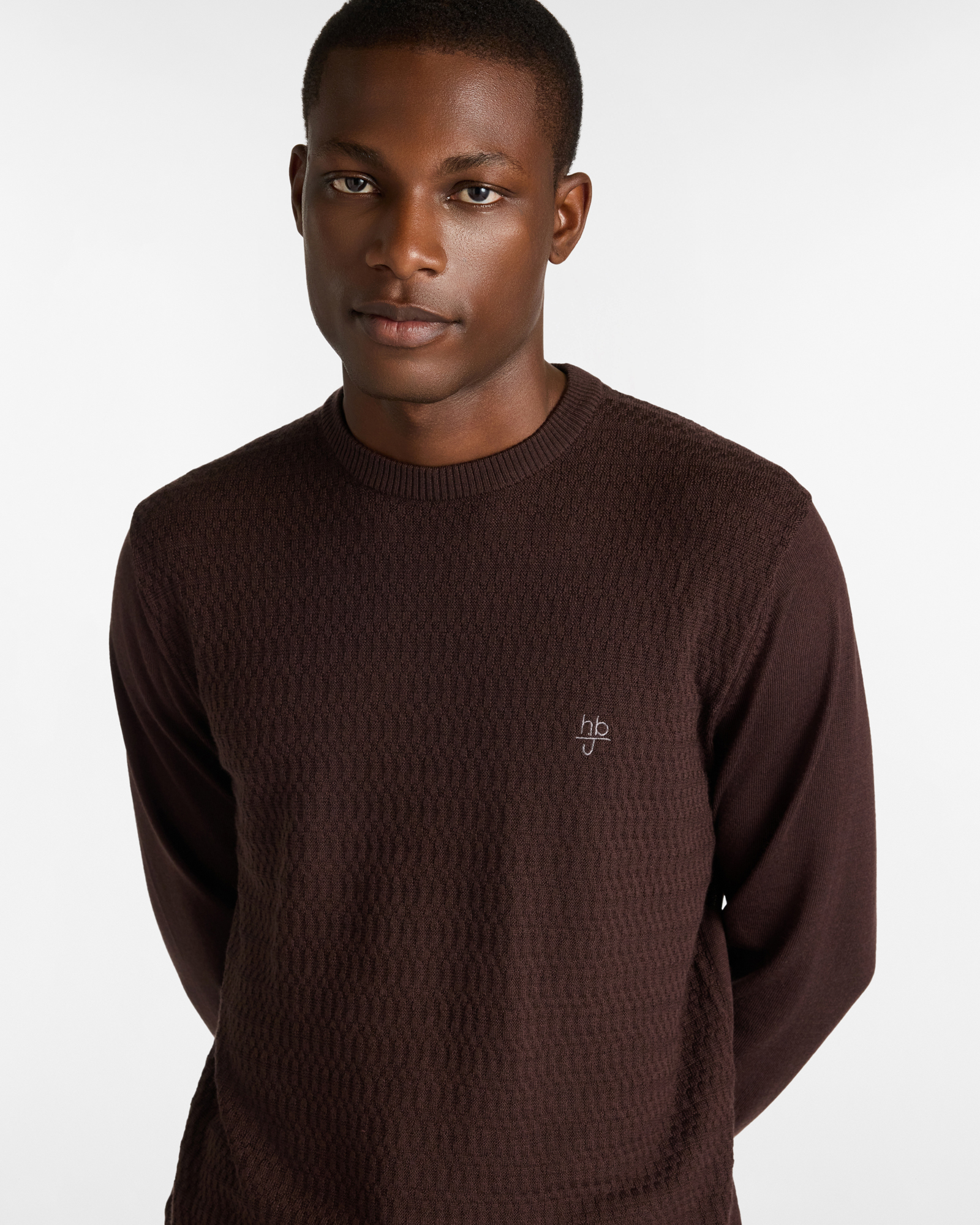 Maglione Girocollo in Lana Merino con Lavorazione Jacquard, Marrone, large image number 2