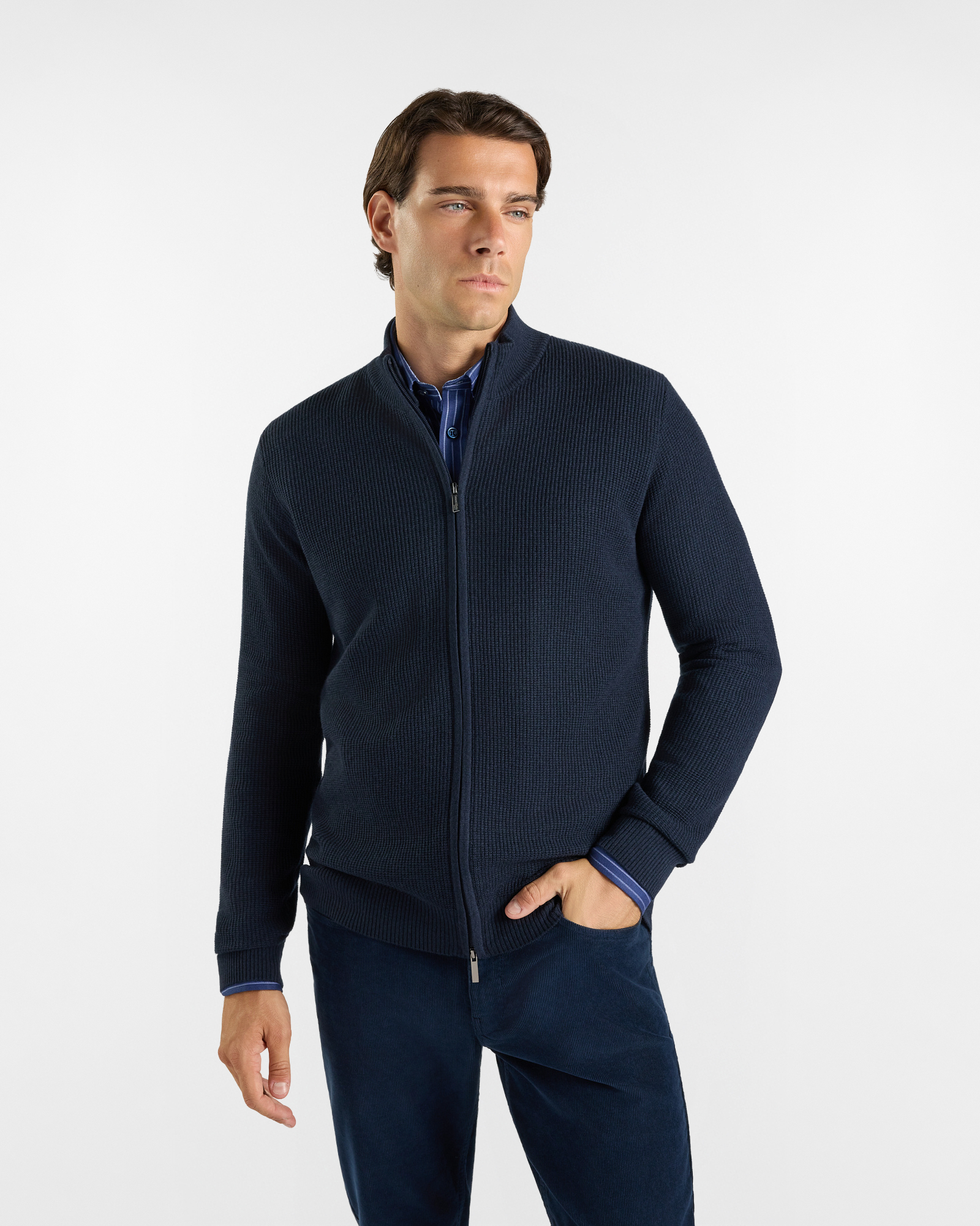 HBJ Men&rsquo;s Dark Blue Wool-Blend Zip-Up Jumper
