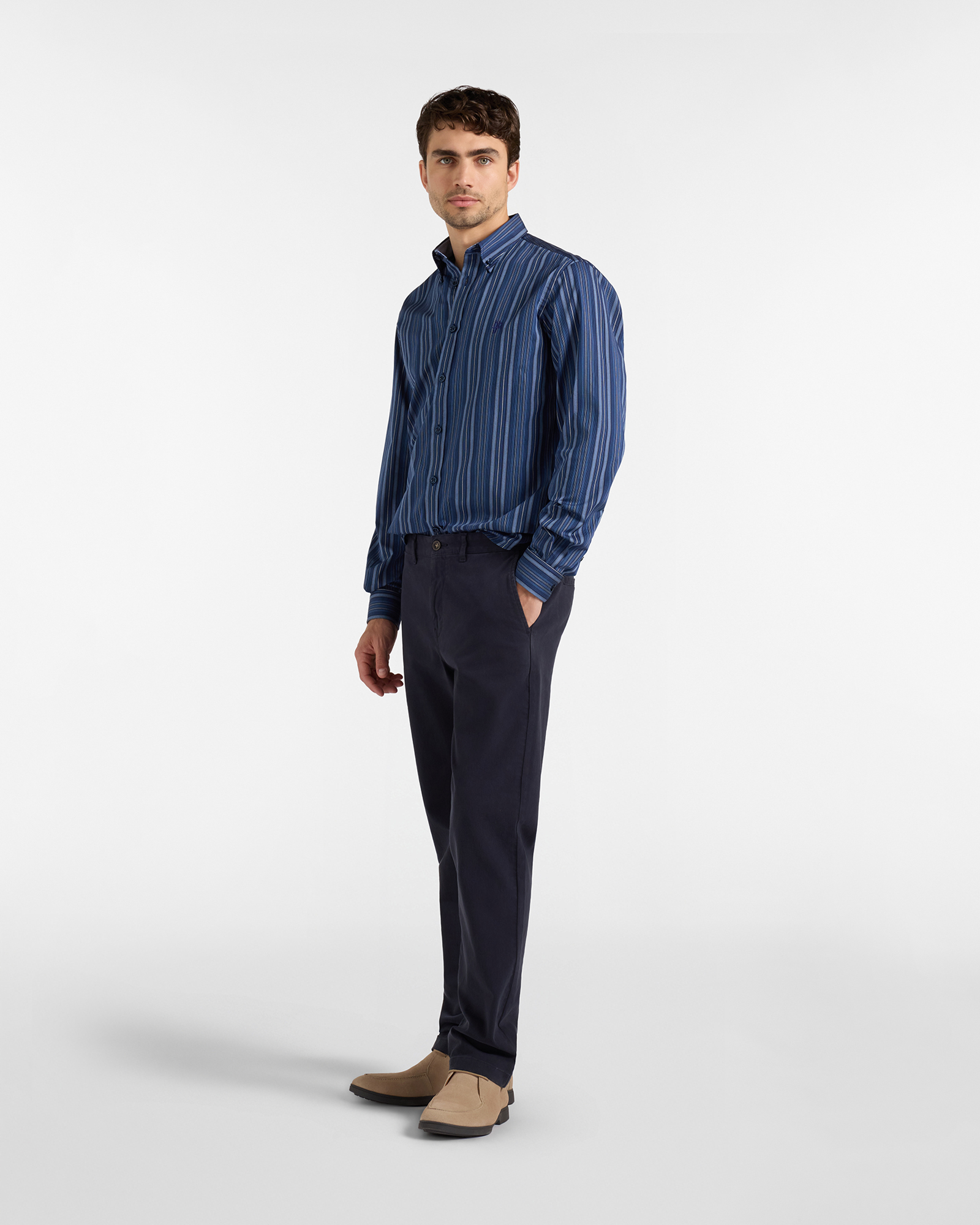Camicia HBJ Uomo Narrow Fit in cotone stretch a righe con collo Montecarlo, BLU SCURO, large