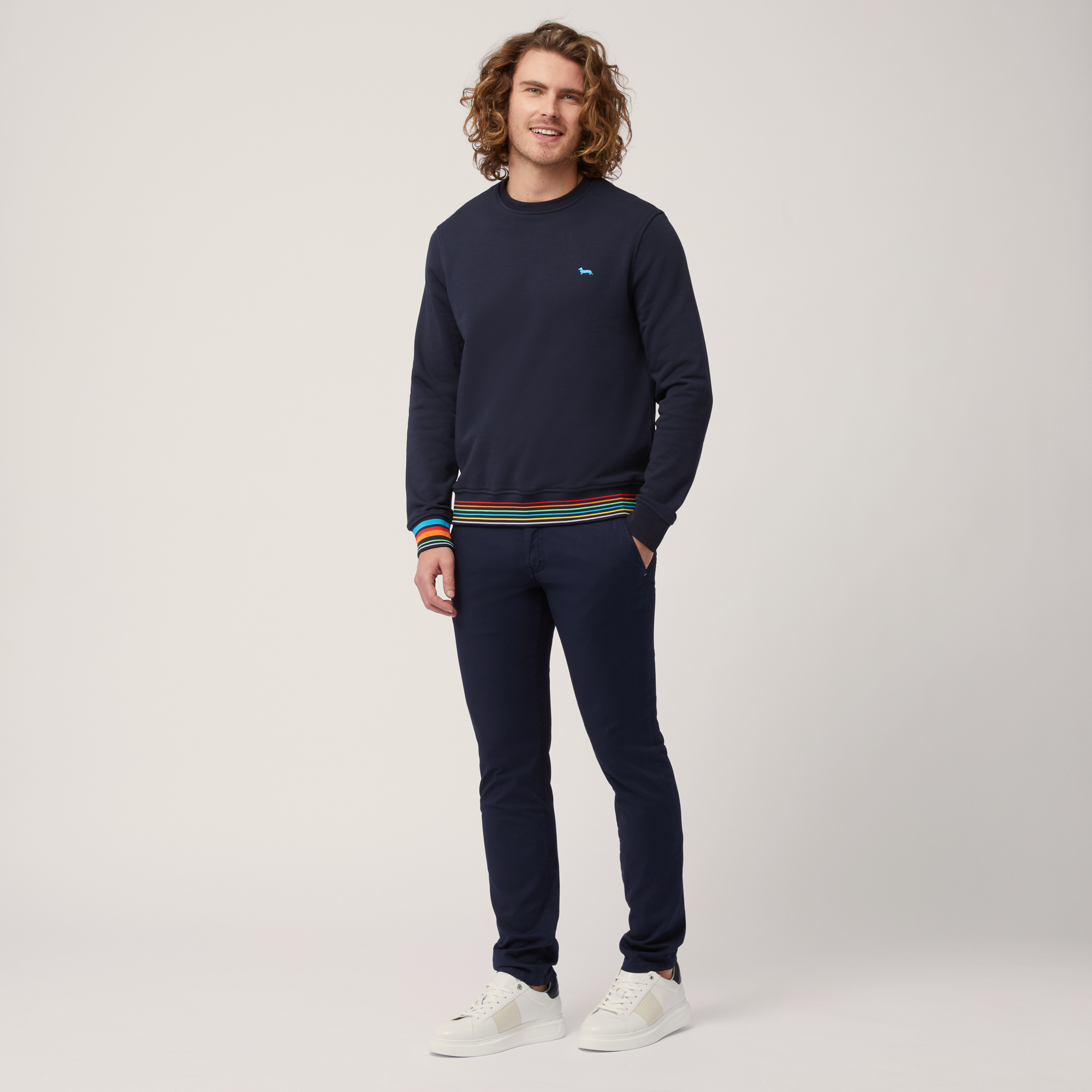 Crew Neck Cotton Pullover with Striped Details, Blue, large image number 3