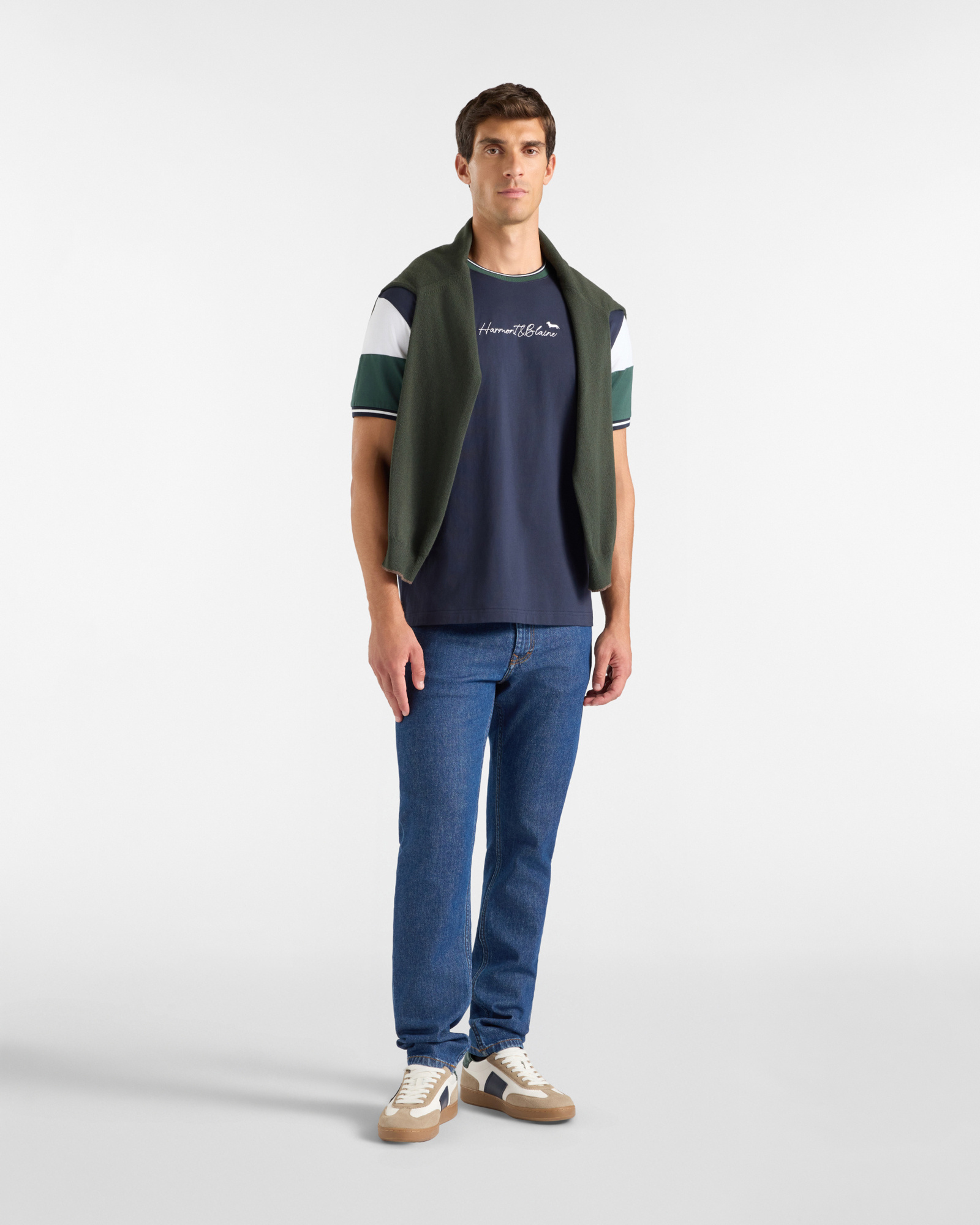 Men's T-shirt with striped ribbed crewneck in  100% pure cotton with relaxed fit, NAVY BLUE, large image number 3