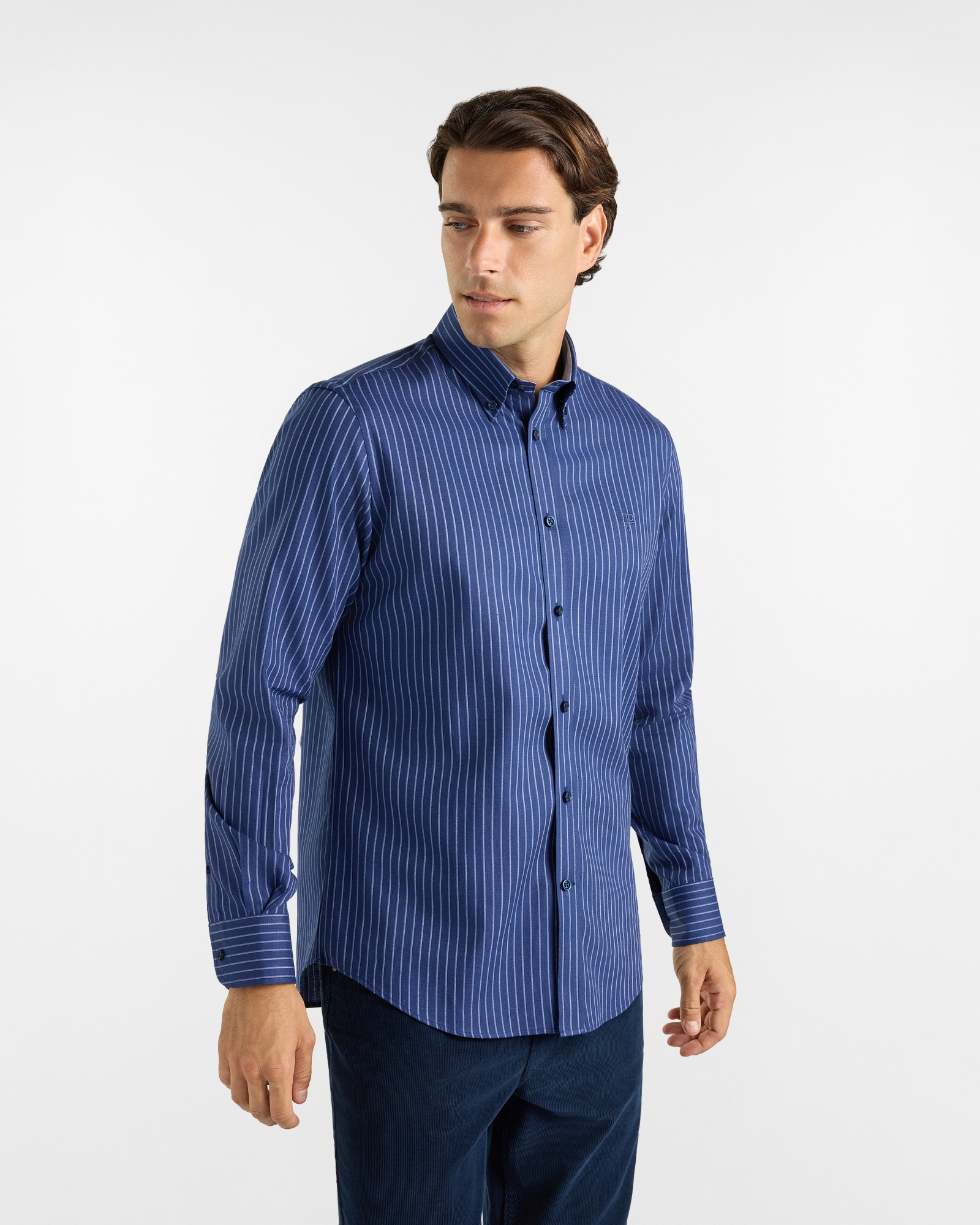 HBJ Men&rsquo;s Regular Fit Shirt with Monte Carlo Collar in Navy Blue Striped Stretch Cotton
