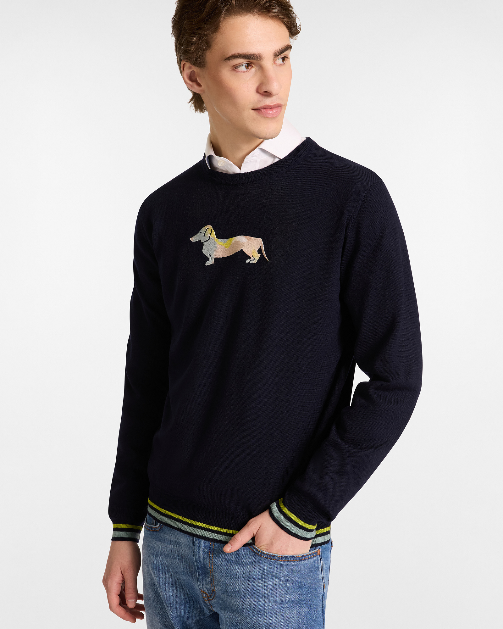Pull En Laine Avec Teckel Brodé, Bleu Marine, large image number 0