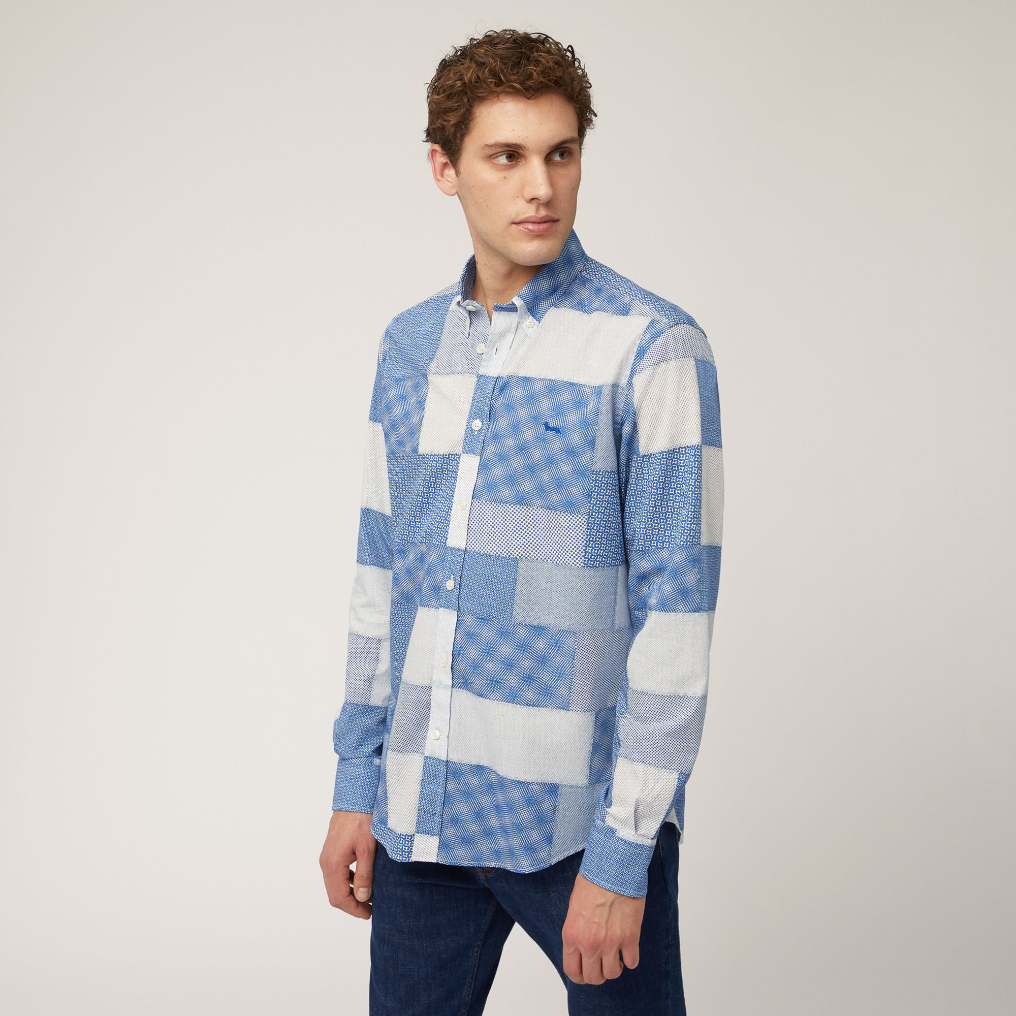 Cotton Poplin Shirt with Patchwork Print, Hydrangea, large