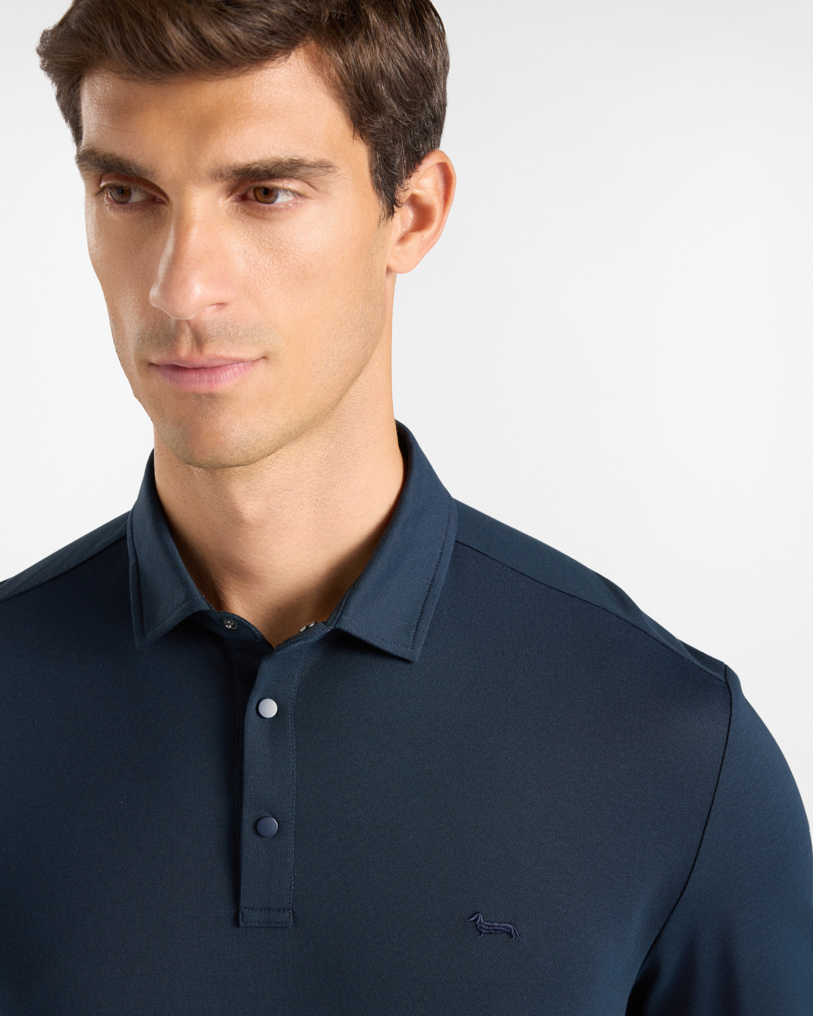Polo da uomo manica lunga in piquet di cotone stretch grigio, BLU NAVY, large image number 2