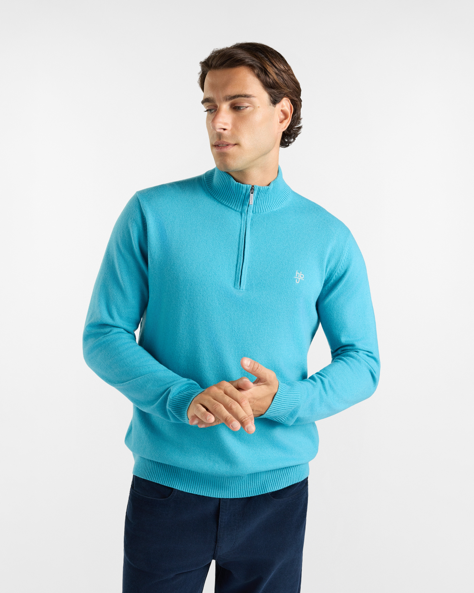 Maglia HBJ Uomo in Punto Cardato Half-Zip in Misto Lana e Cashmere Verde Acqua