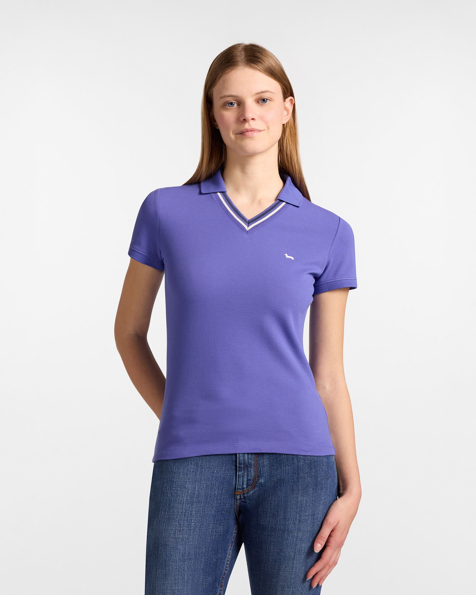 V-Neck Striped Polo, Hydrangea Purple, large