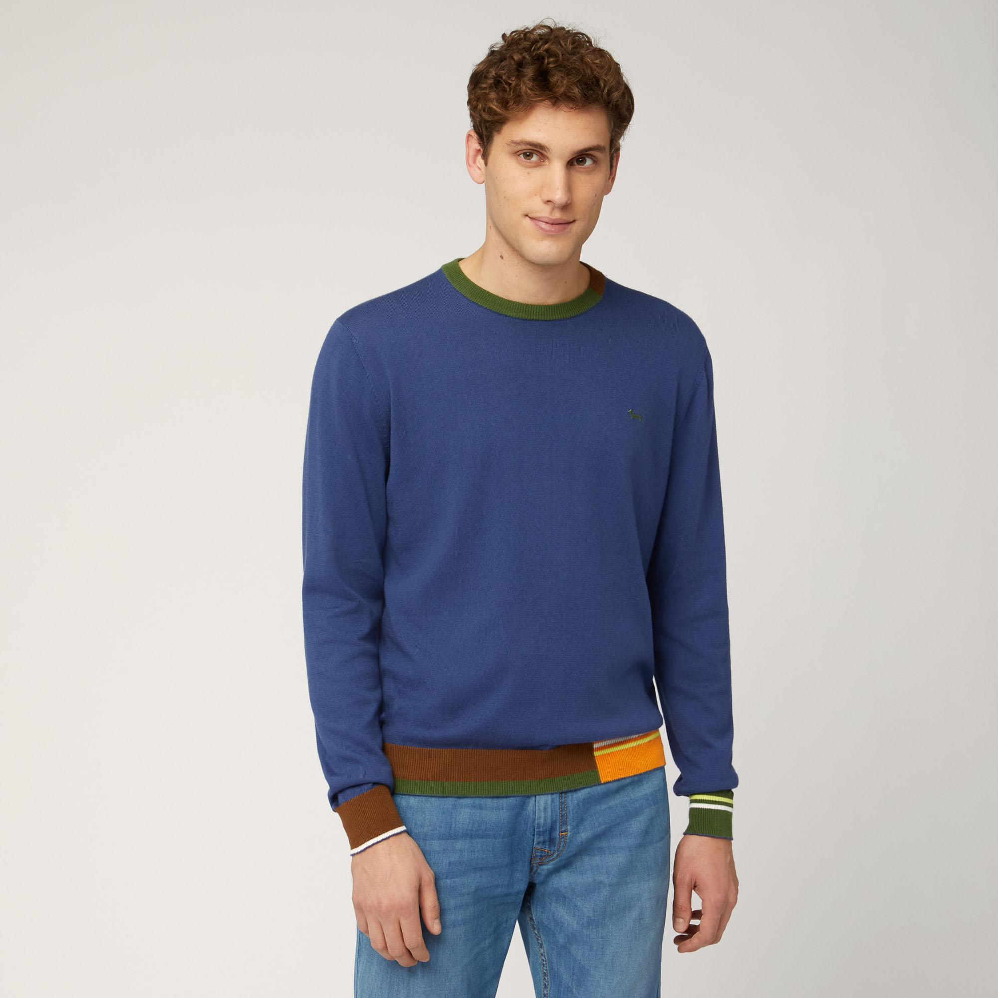 Organic Cotton Crew Neck Pullover with Color Block Details, Blue, large image number 0