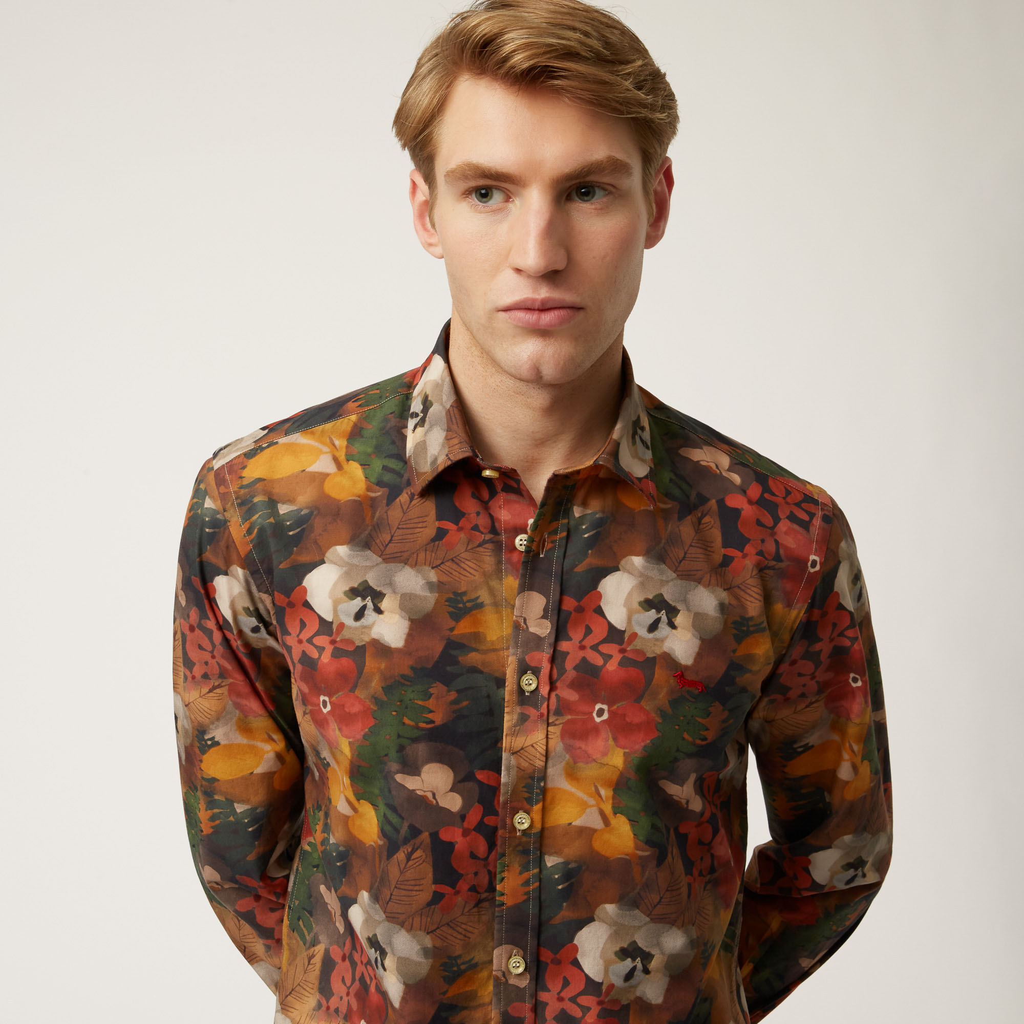 Camicia In Cotone Con Fantasia Floreale, Marrone, large image number 2