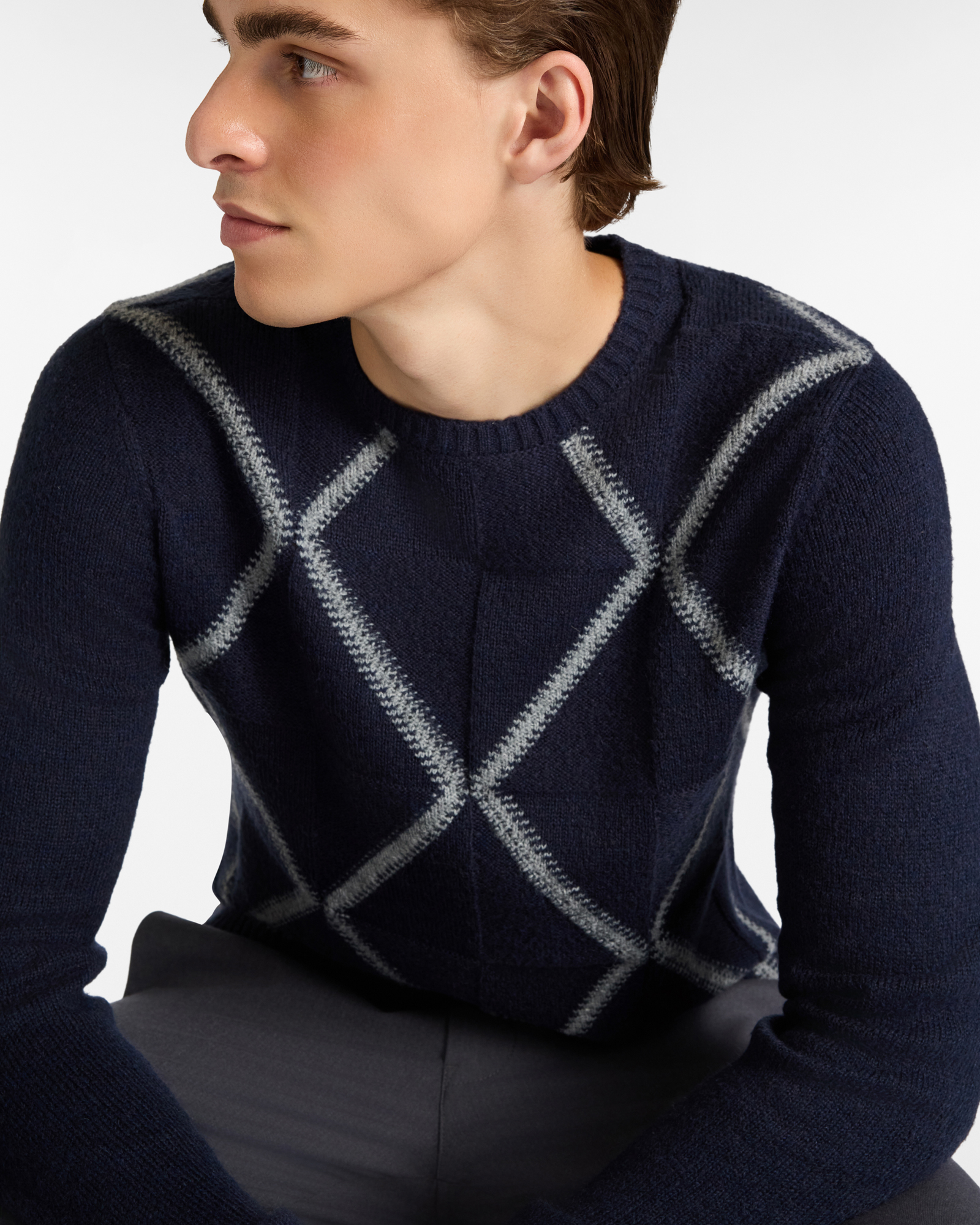 Crewneck Sweater with Argyle Pattern, Dark Blue, large image number 2