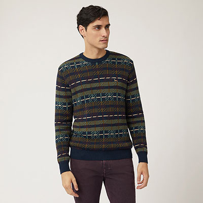 Wool And Cotton Crew-Neck Pullover With Pattern All Over