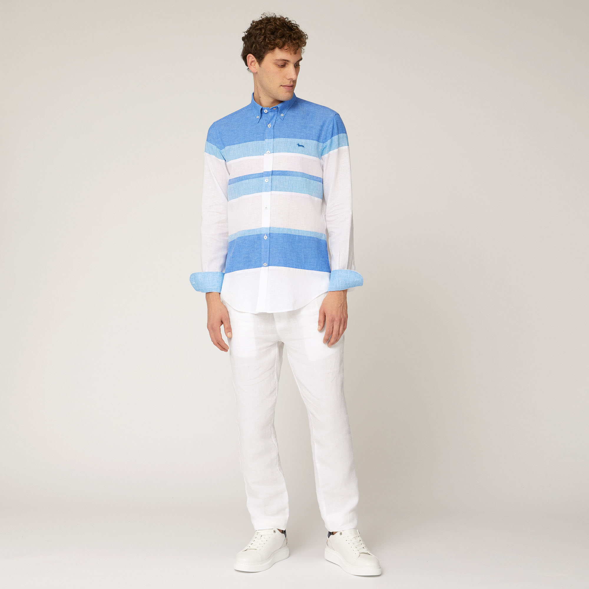 Camisa de lino y algodón con patchwork y franjas a contraste, Blanco, large image number 3