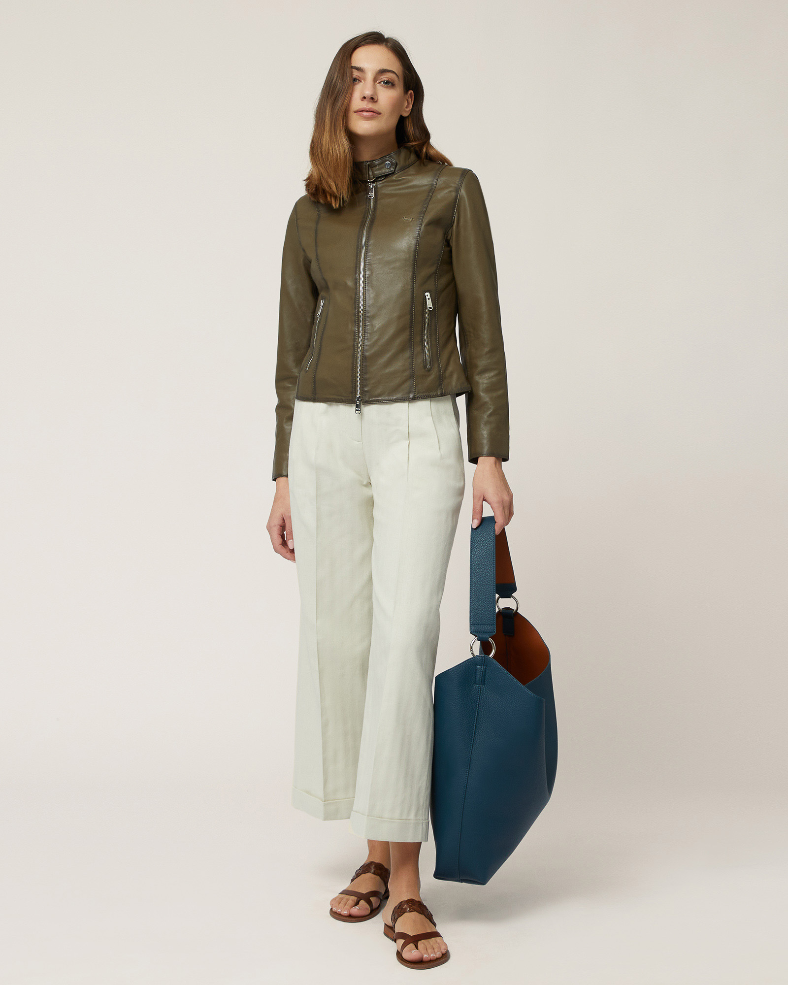 Blouson Slim En Cuir Véritable, Vert militaire, large image number 3
