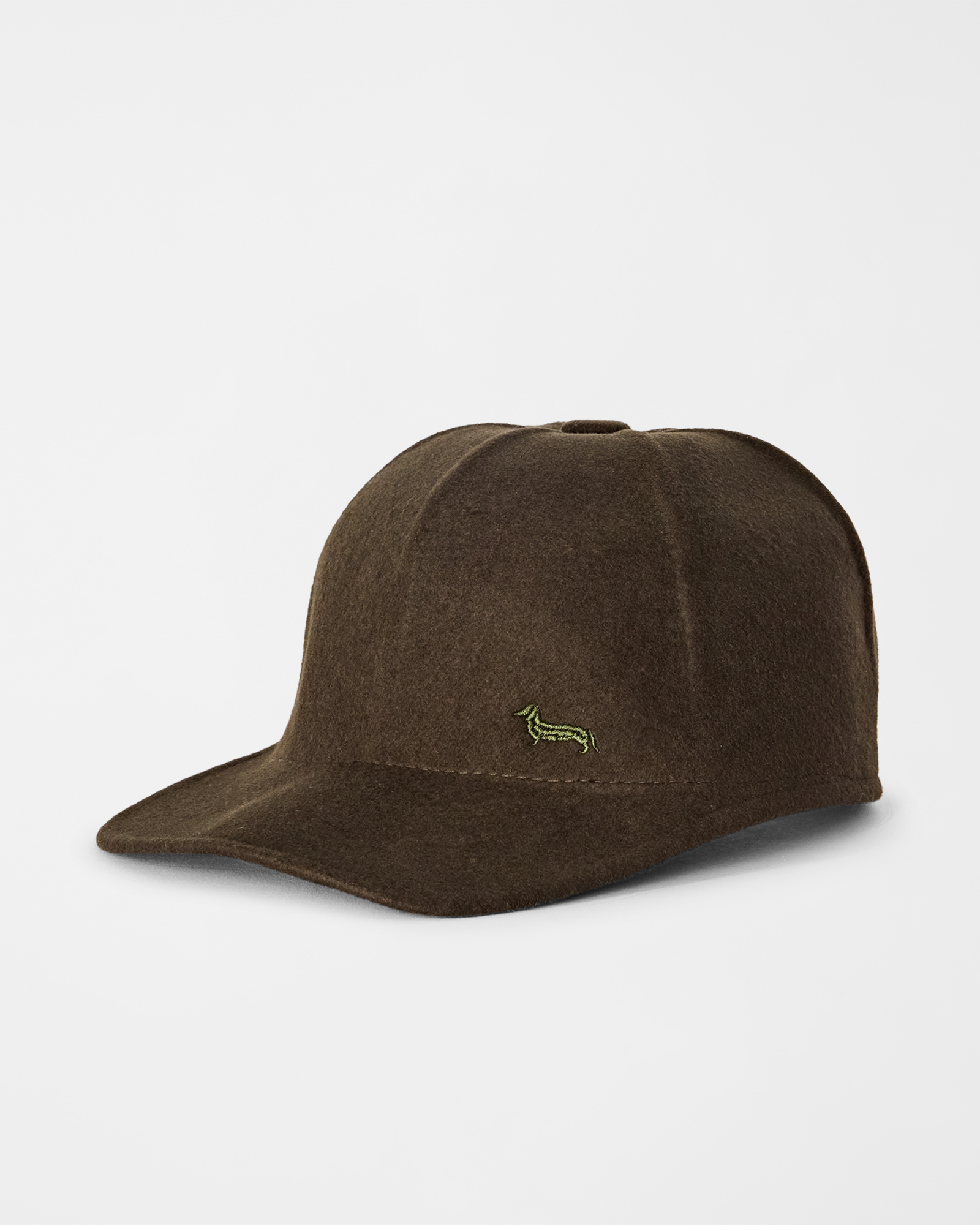 Men&rsquo;s baseball cap in pure wool with a petrol green embroidered dachshund