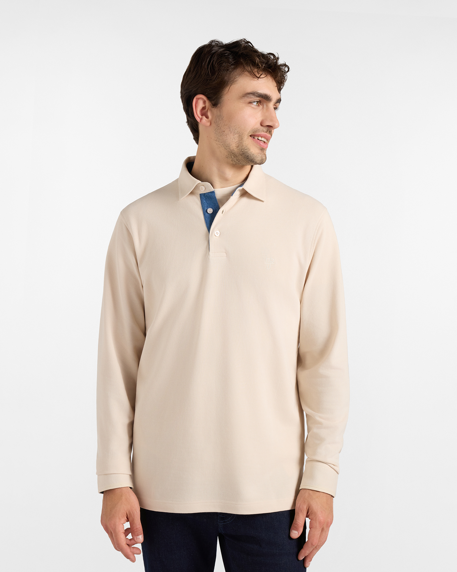 Polo HBJ Uomo in Piquet di Puro Cotone con Dettagli Denim, BIANCO, large