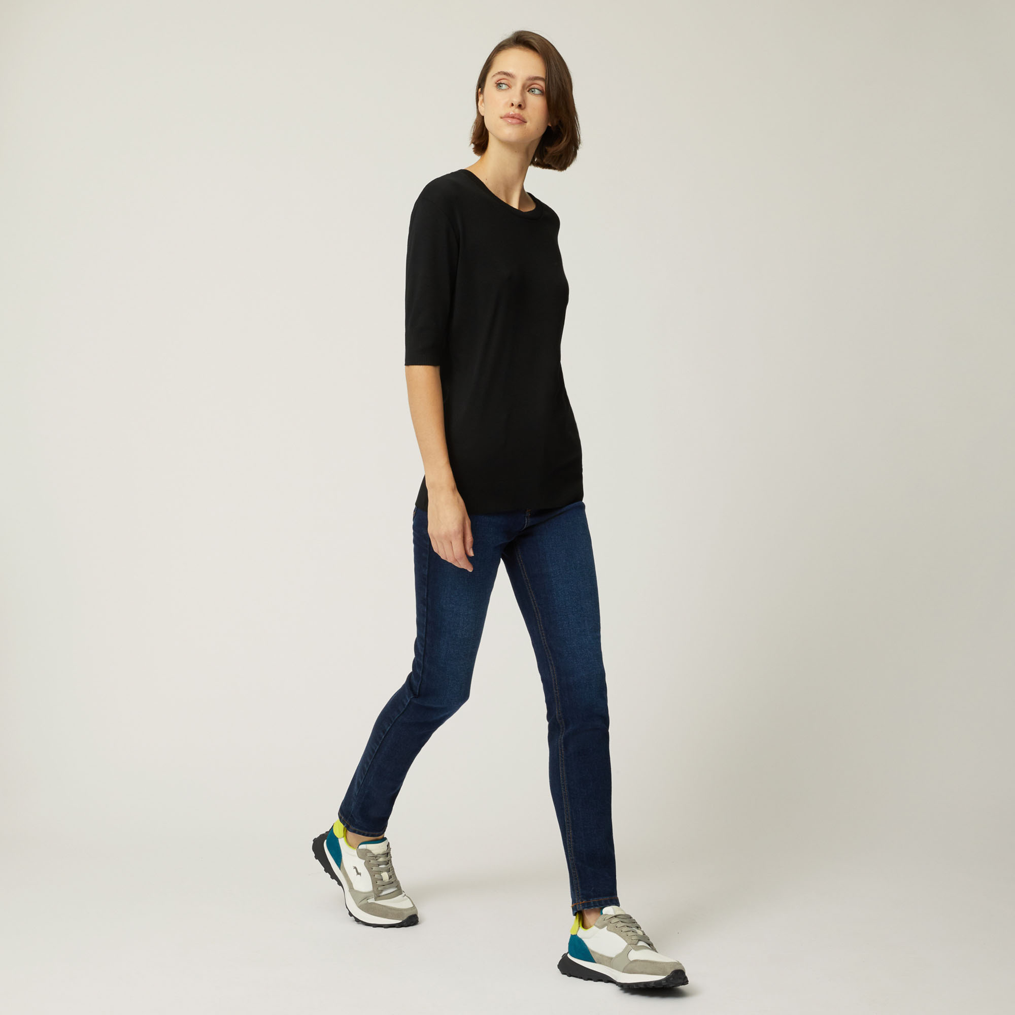 Cotton And Modal T-Shirt With Three-Quarter Sleeves, Black, large image number 3